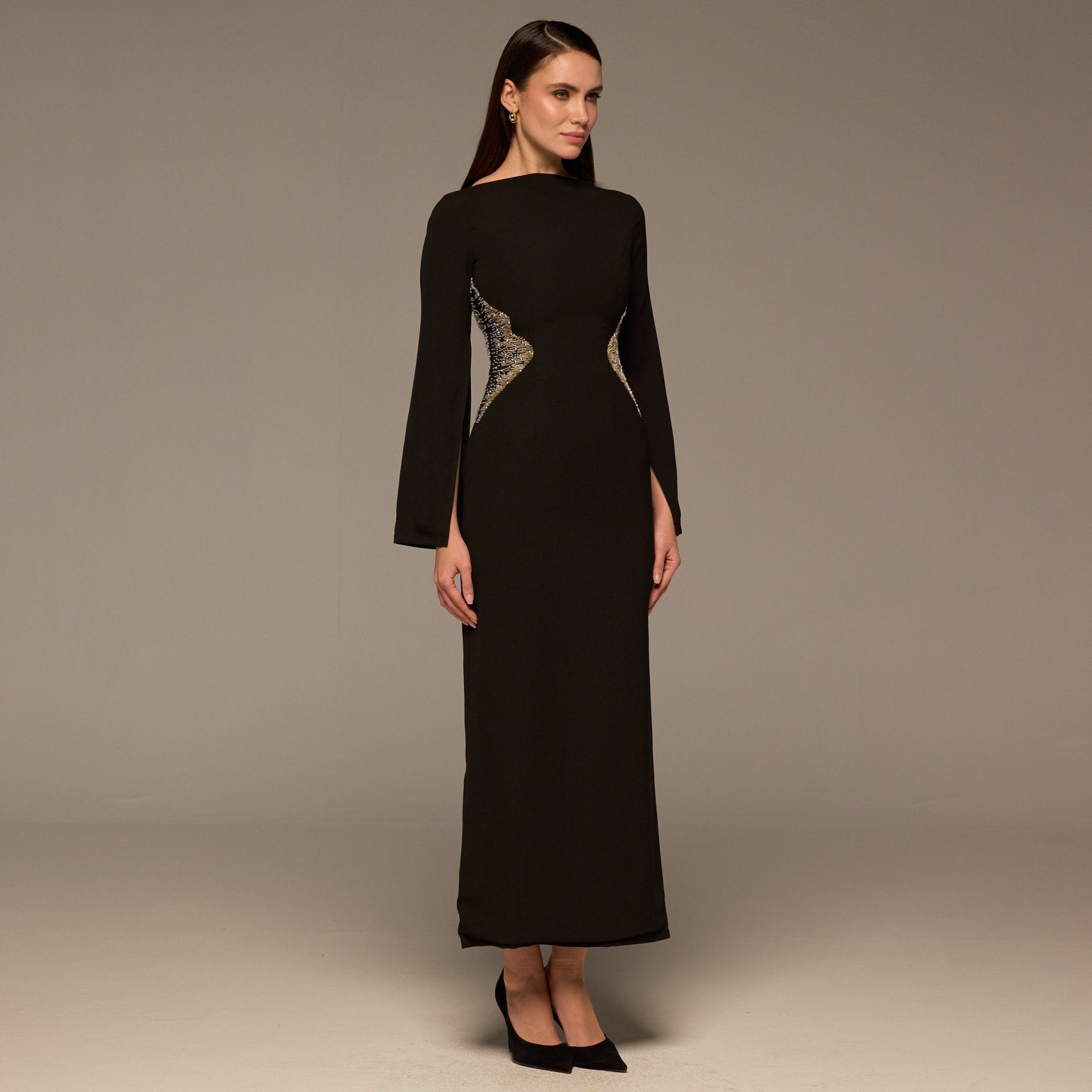 Black Crepe Maxi Dress with Gold embroidery - shopaleena