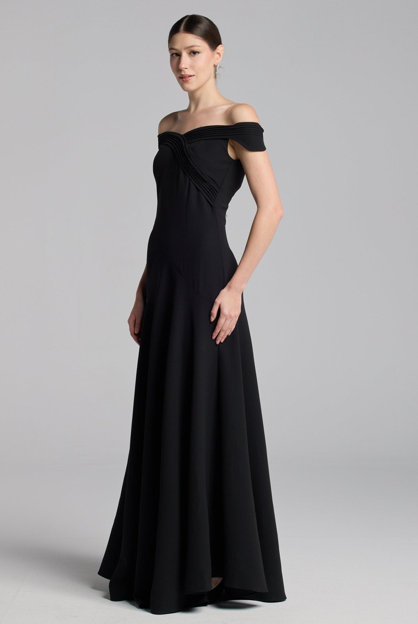 Black Crepe Maxi Dress with Pleated Details - shopaleena