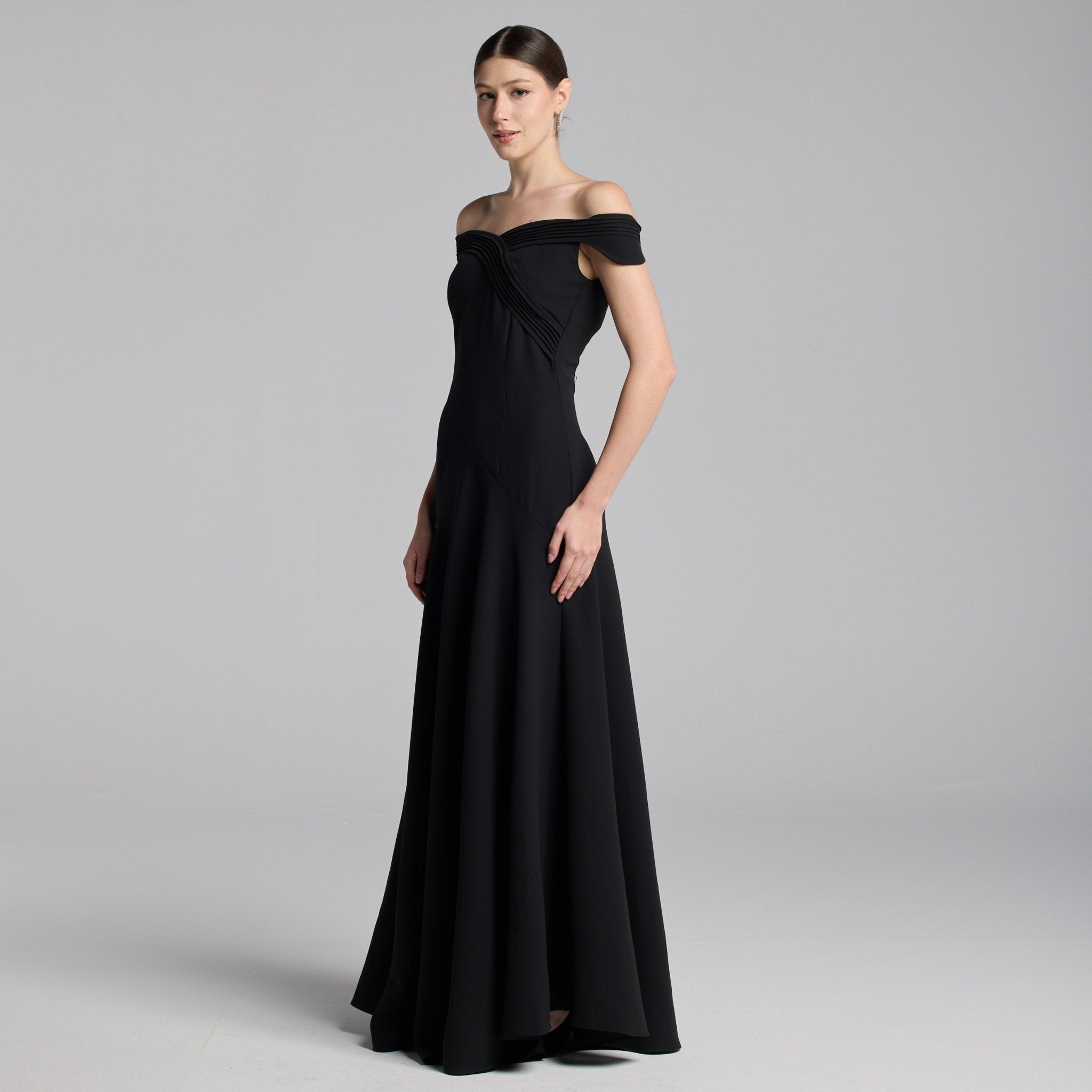 Black Crepe Maxi Dress with Pleated Details - shopaleena