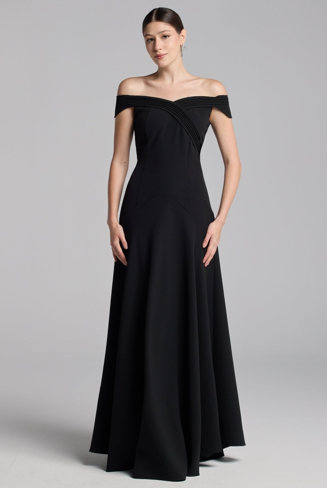 Black Crepe Maxi Dress with Pleated Details - shopaleena