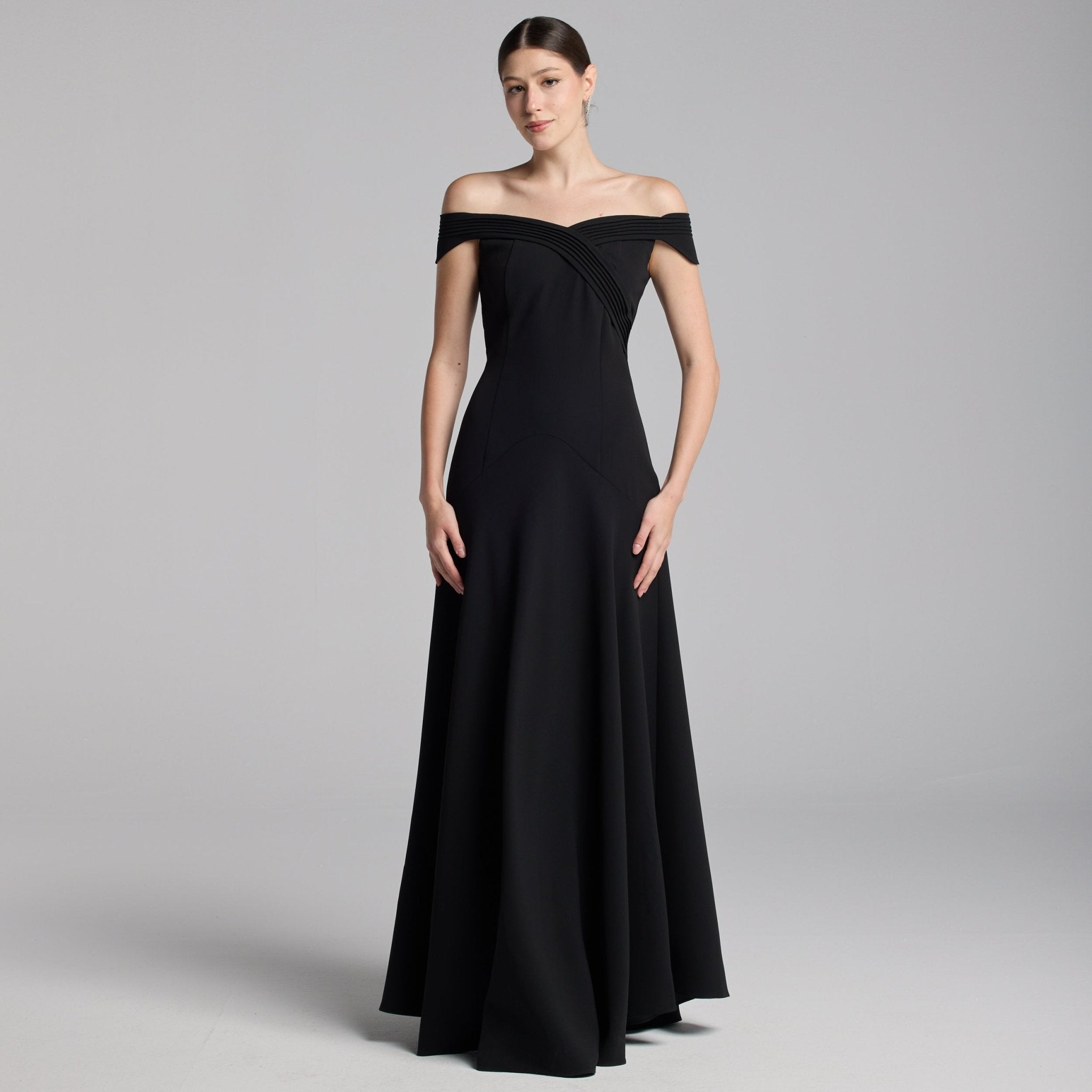 Black Crepe Maxi Dress with Pleated Details - shopaleena