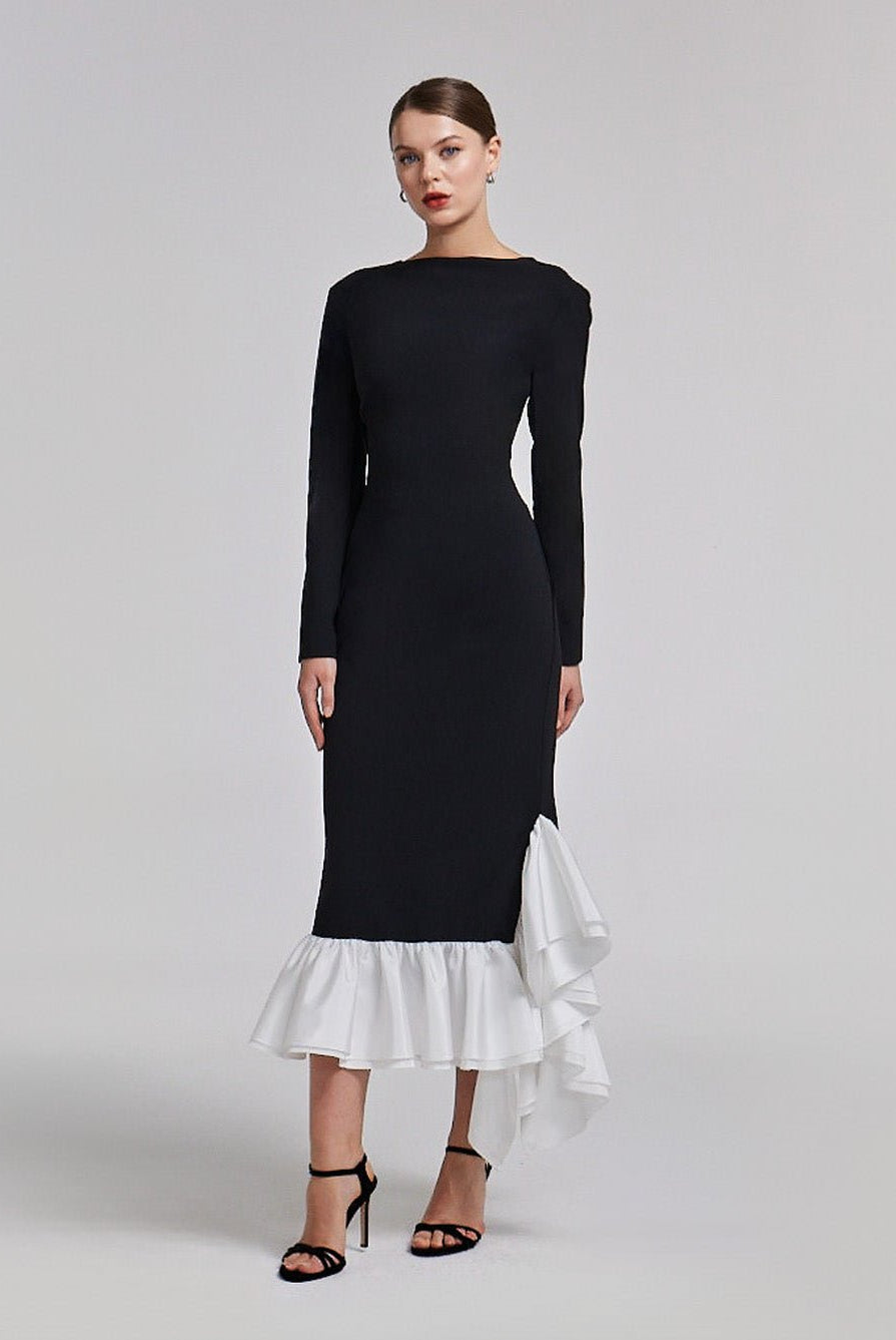 Black Crepe Midi Dress With White Ruffles - shopaleena