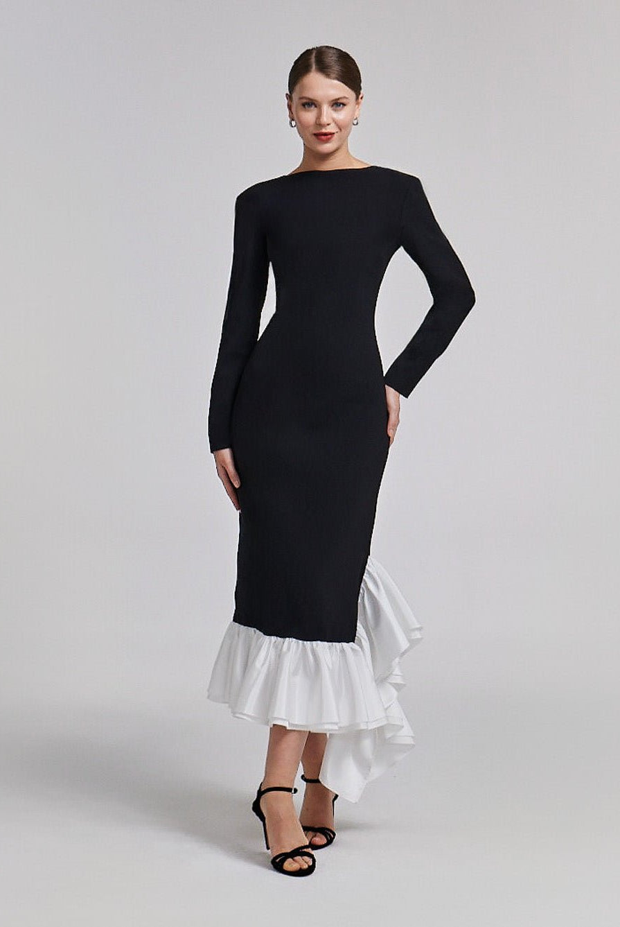 Black Crepe Midi Dress With White Ruffles - shopaleena