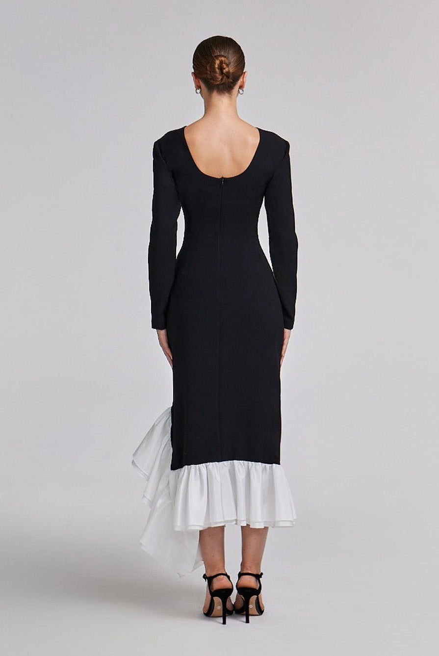 Black Crepe Midi Dress With White Ruffles - shopaleena