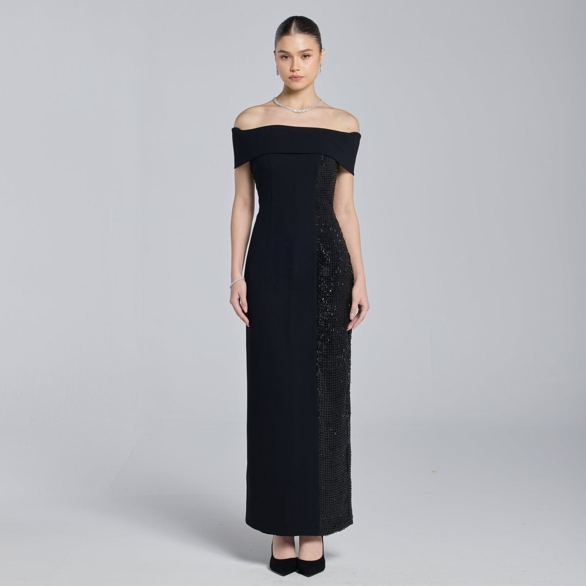Black Crepe Off Shoulder Slit Maxi Dress – shopaleena