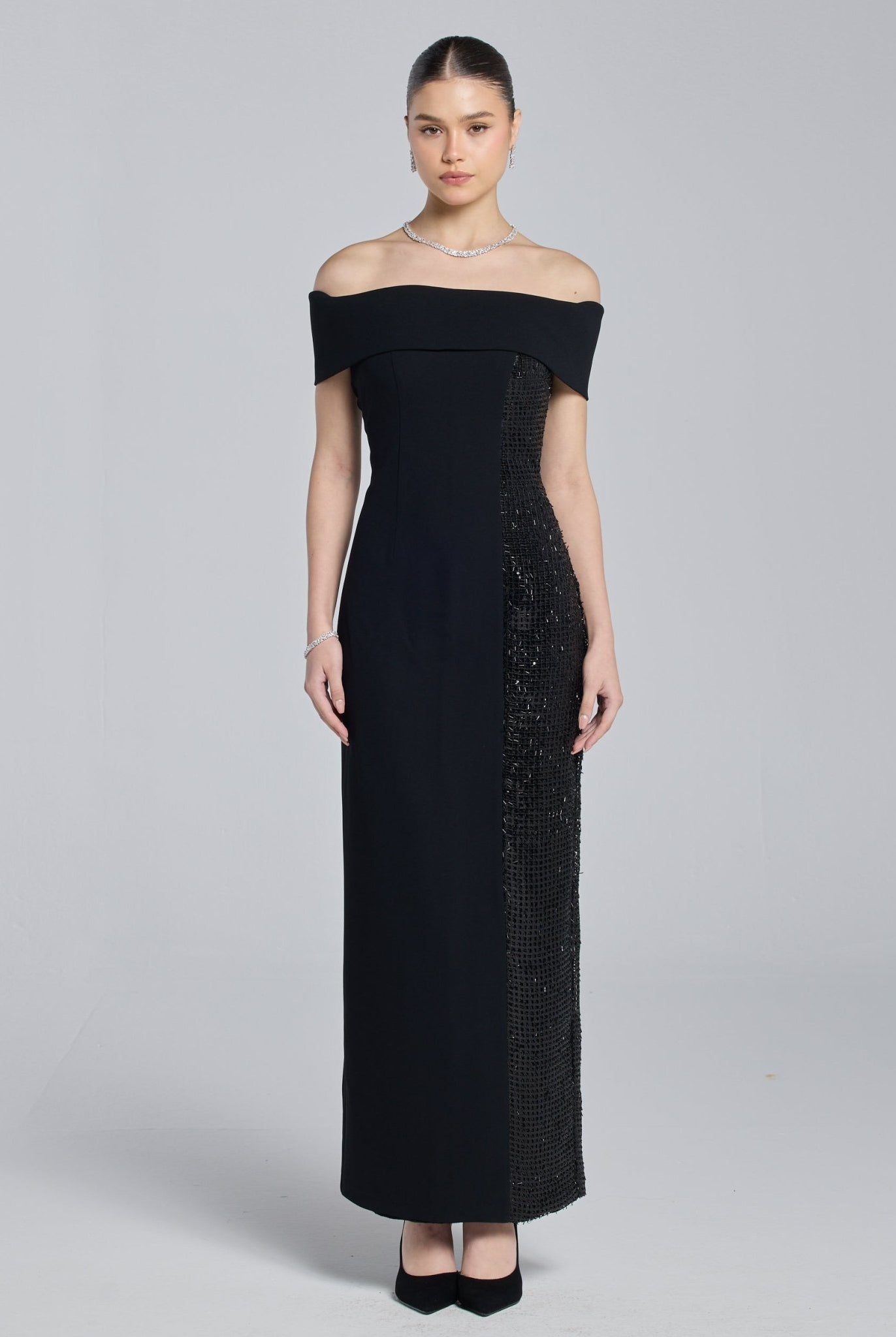 Black Crepe Off Shoulder Slit Maxi Dress - shopaleena