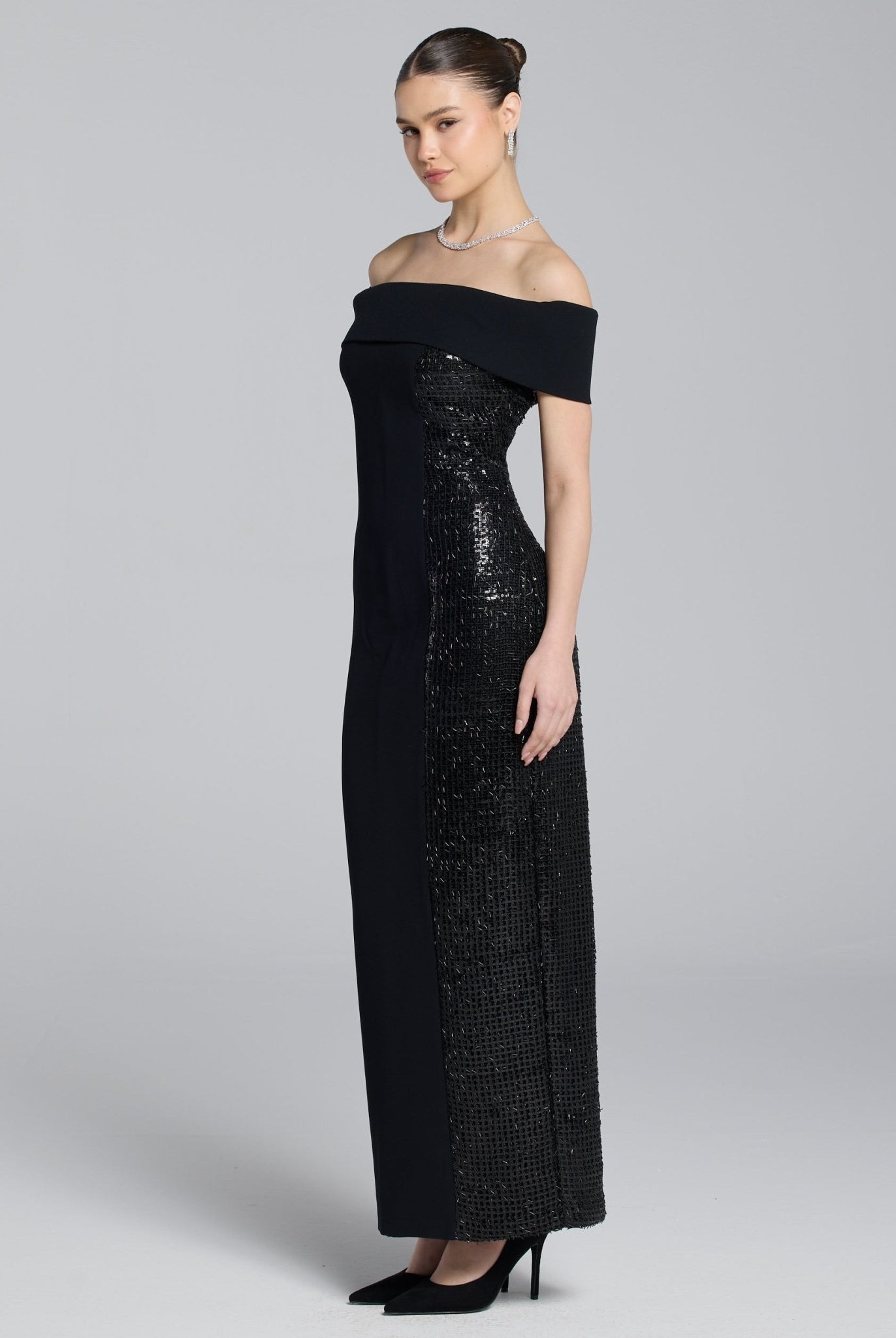 Black Crepe Off Shoulder Slit Maxi Dress - shopaleena