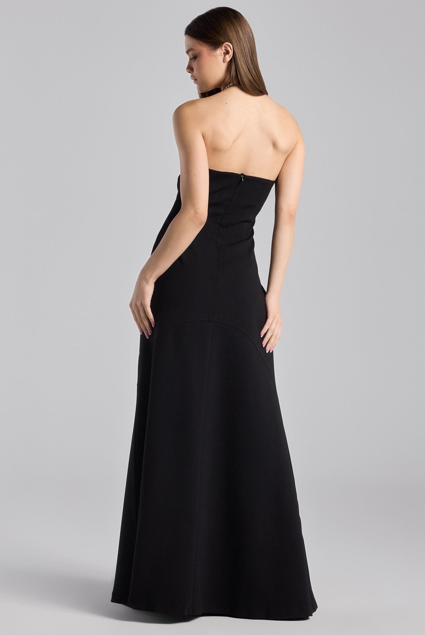 Black Crepe Pearl Halter Maxi Dress - shopaleena