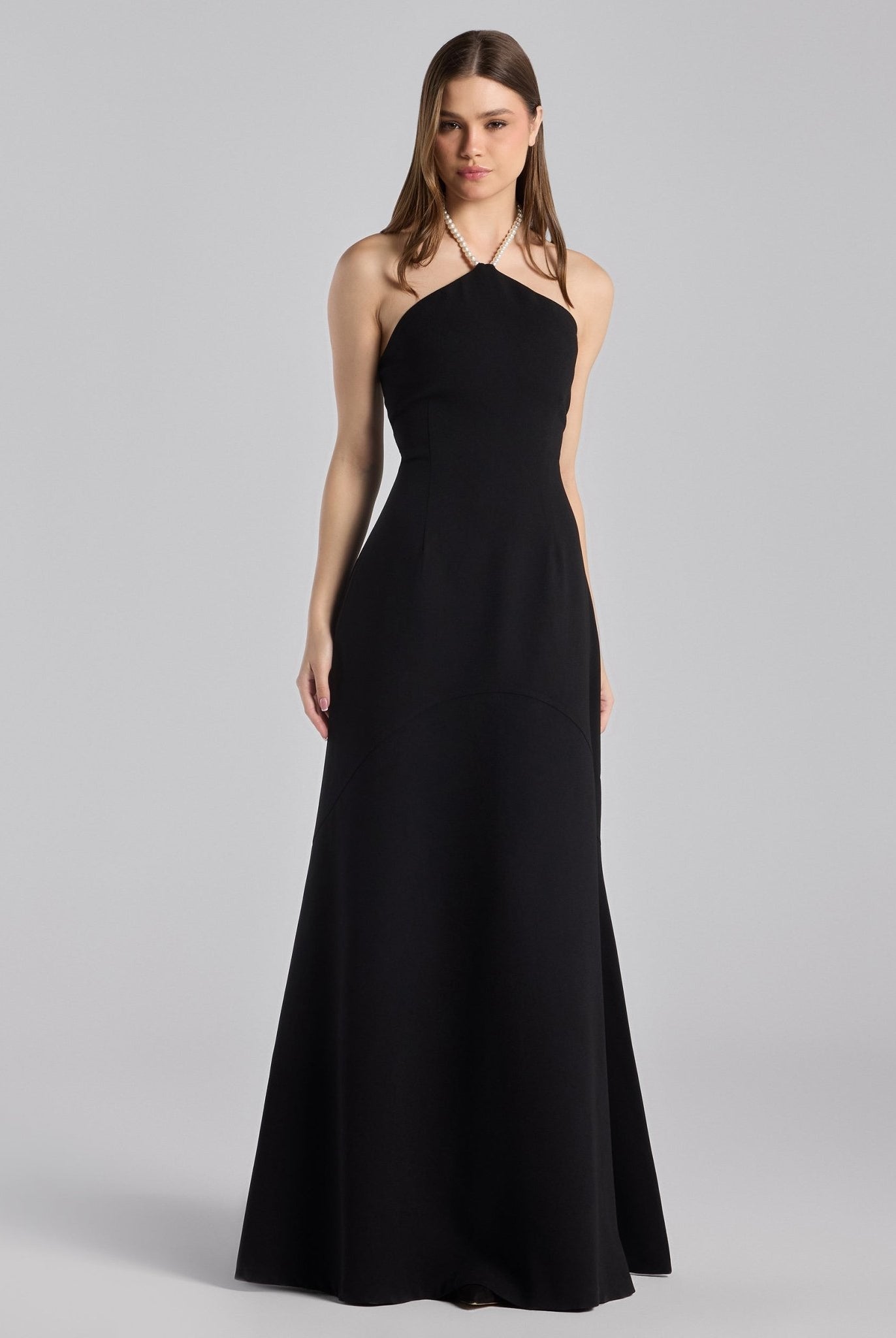 Black Crepe Pearl Halter Maxi Dress - shopaleena