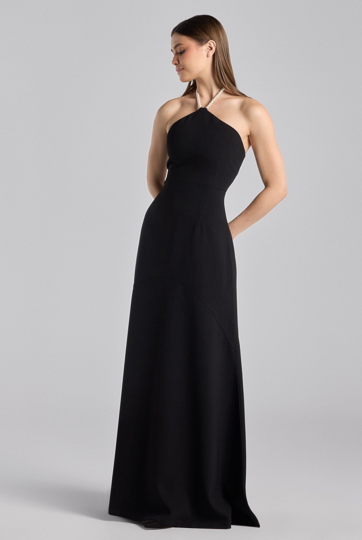 Black Crepe Pearl Halter Maxi Dress - shopaleena