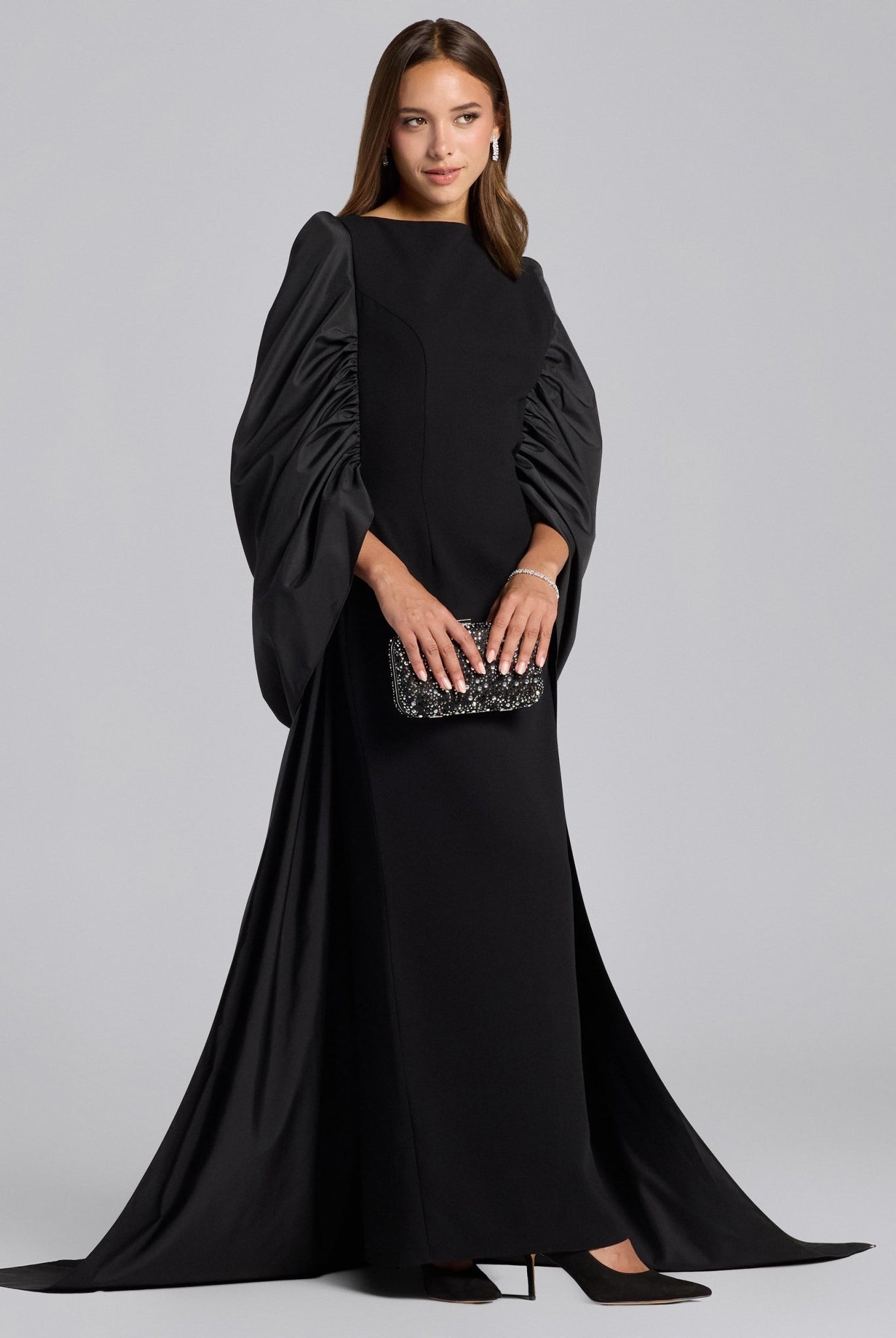 Black Crepe - Taffeta Gown with Long Back Shawl - shopaleena