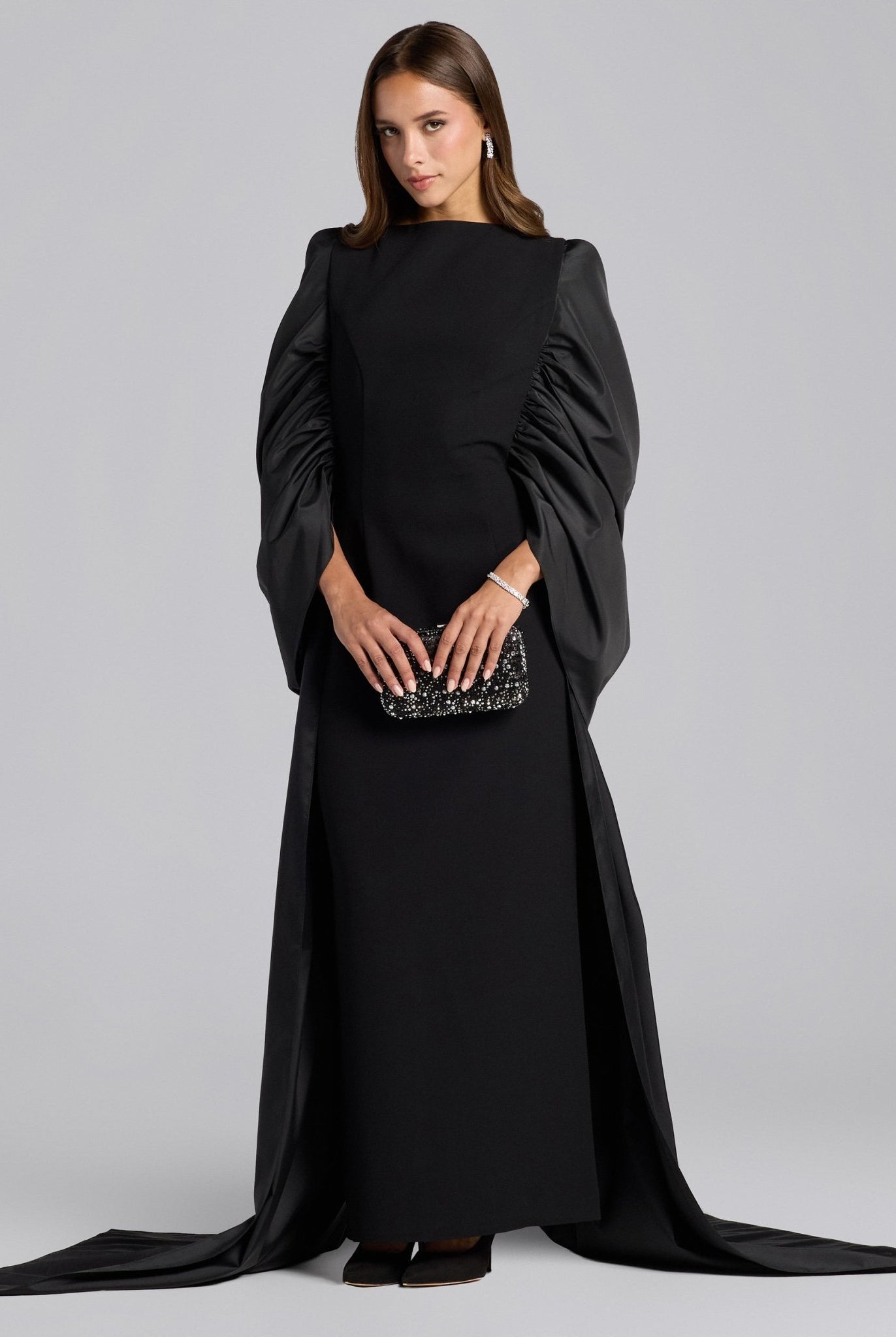 Black Crepe - Taffeta Gown with Long Back Shawl - shopaleena