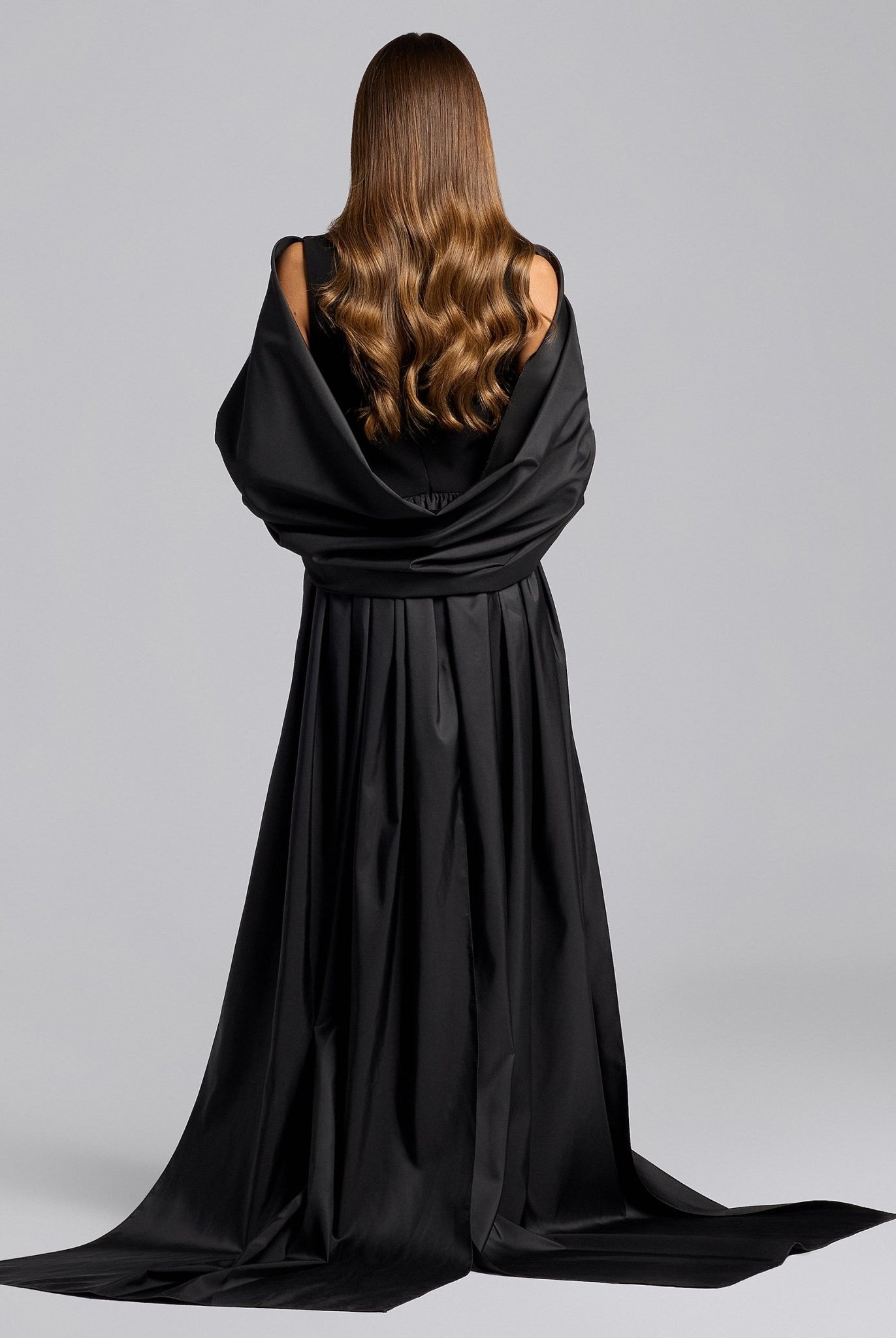 Black Crepe - Taffeta Gown with Long Back Shawl - shopaleena