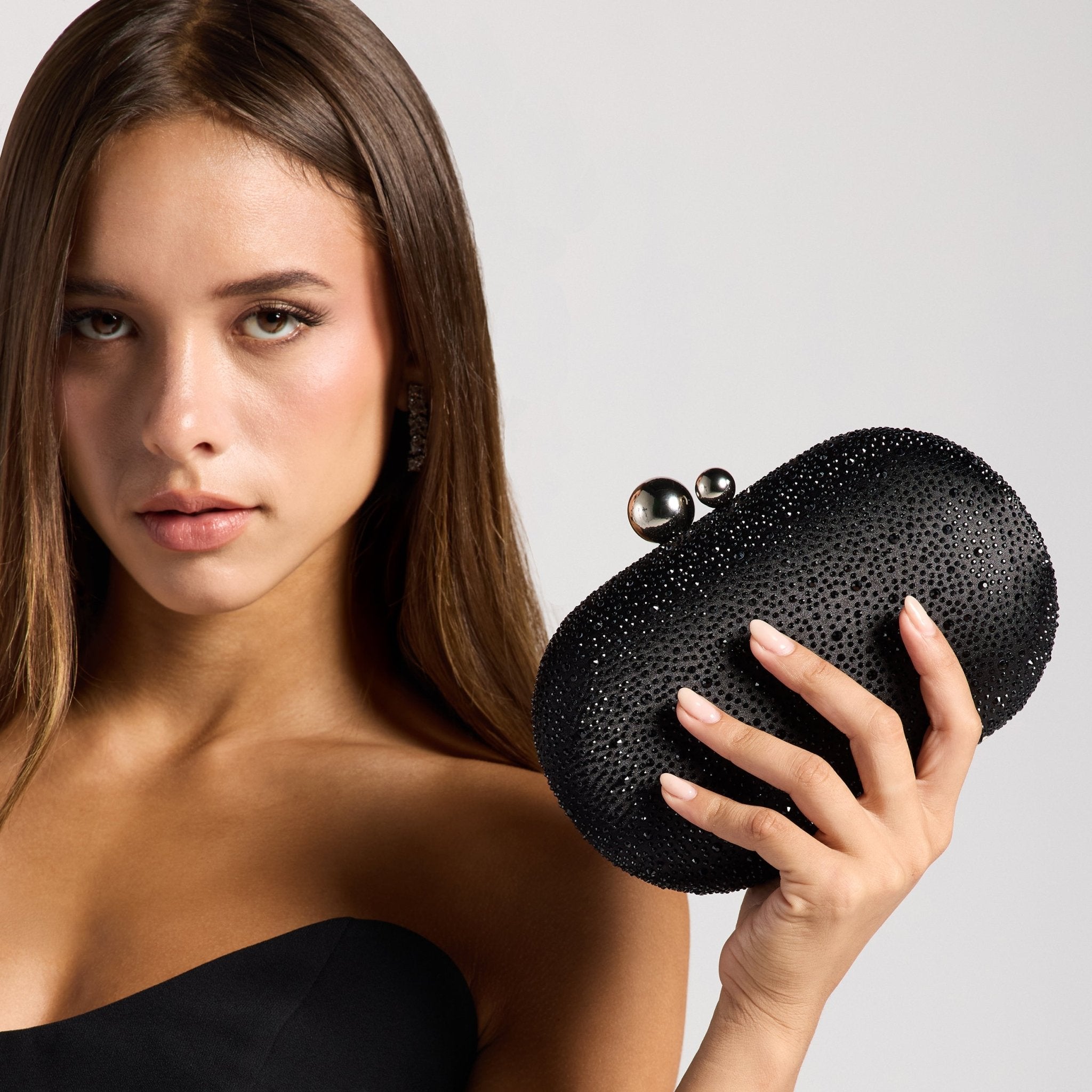 Black Crystal Beaded Oval Clutch - shopaleena
