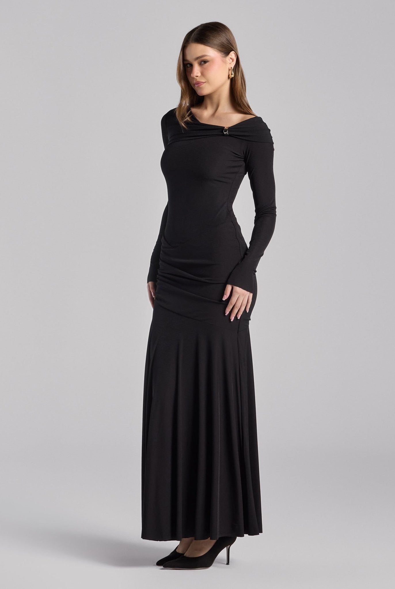 Black Draped Jersey Maxi Dress - shopaleena