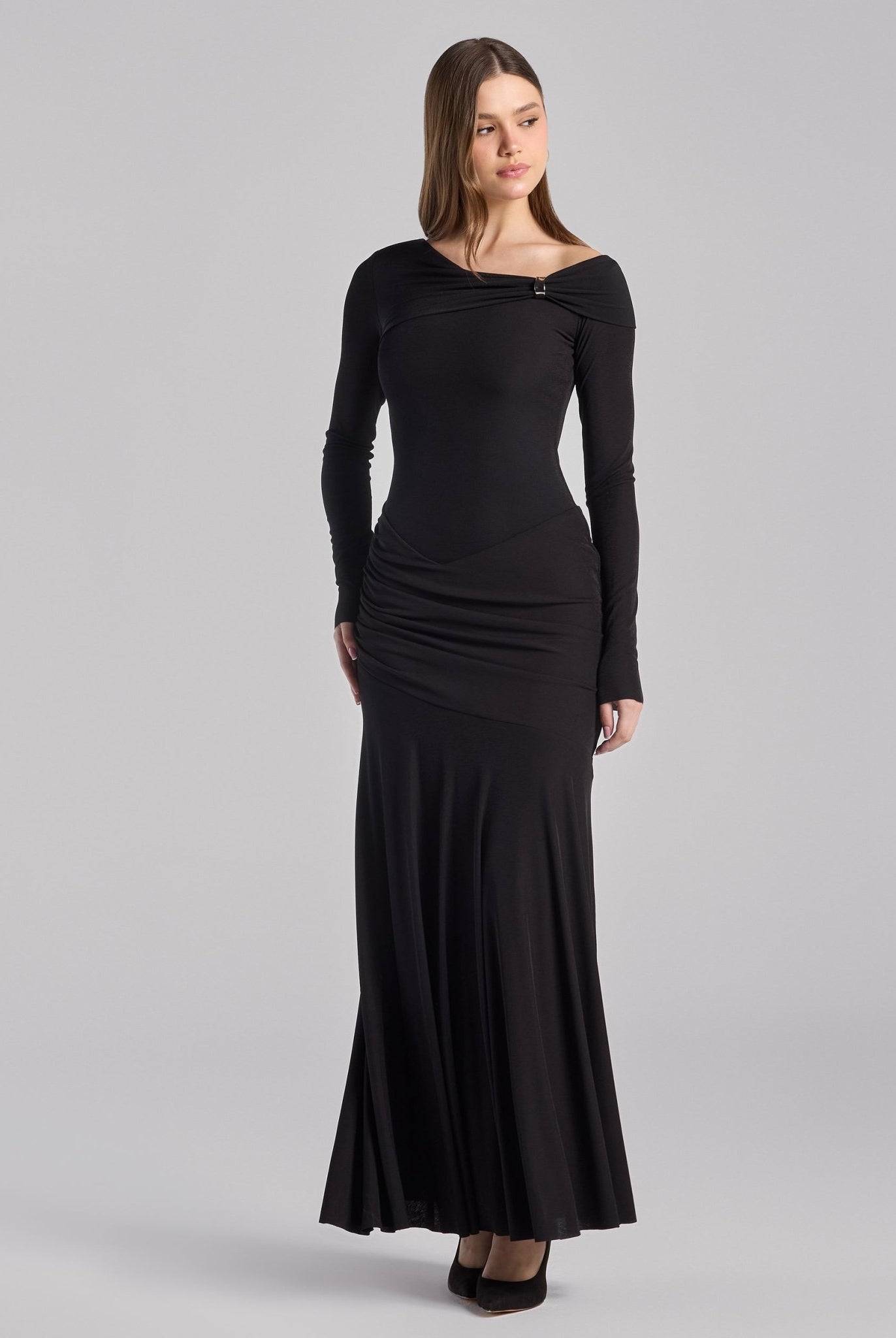 Black Draped Jersey Maxi Dress - shopaleena