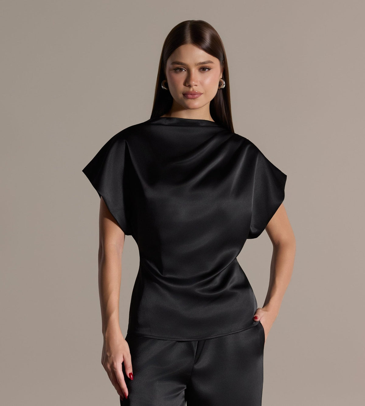 Black Draped Satin Blouse & Wide Leg Pants Set - shopaleena
