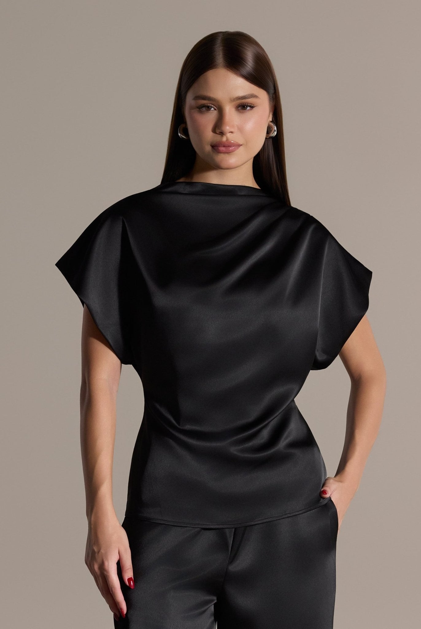 Black Draped Satin Blouse & Wide Leg Pants Set - shopaleena