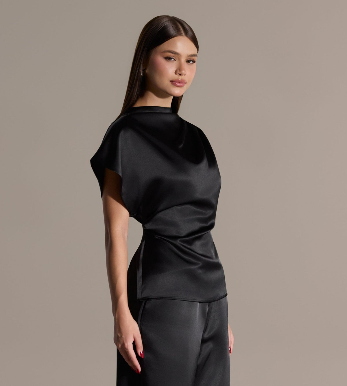 Black Draped Satin Blouse & Wide Leg Pants Set - shopaleena