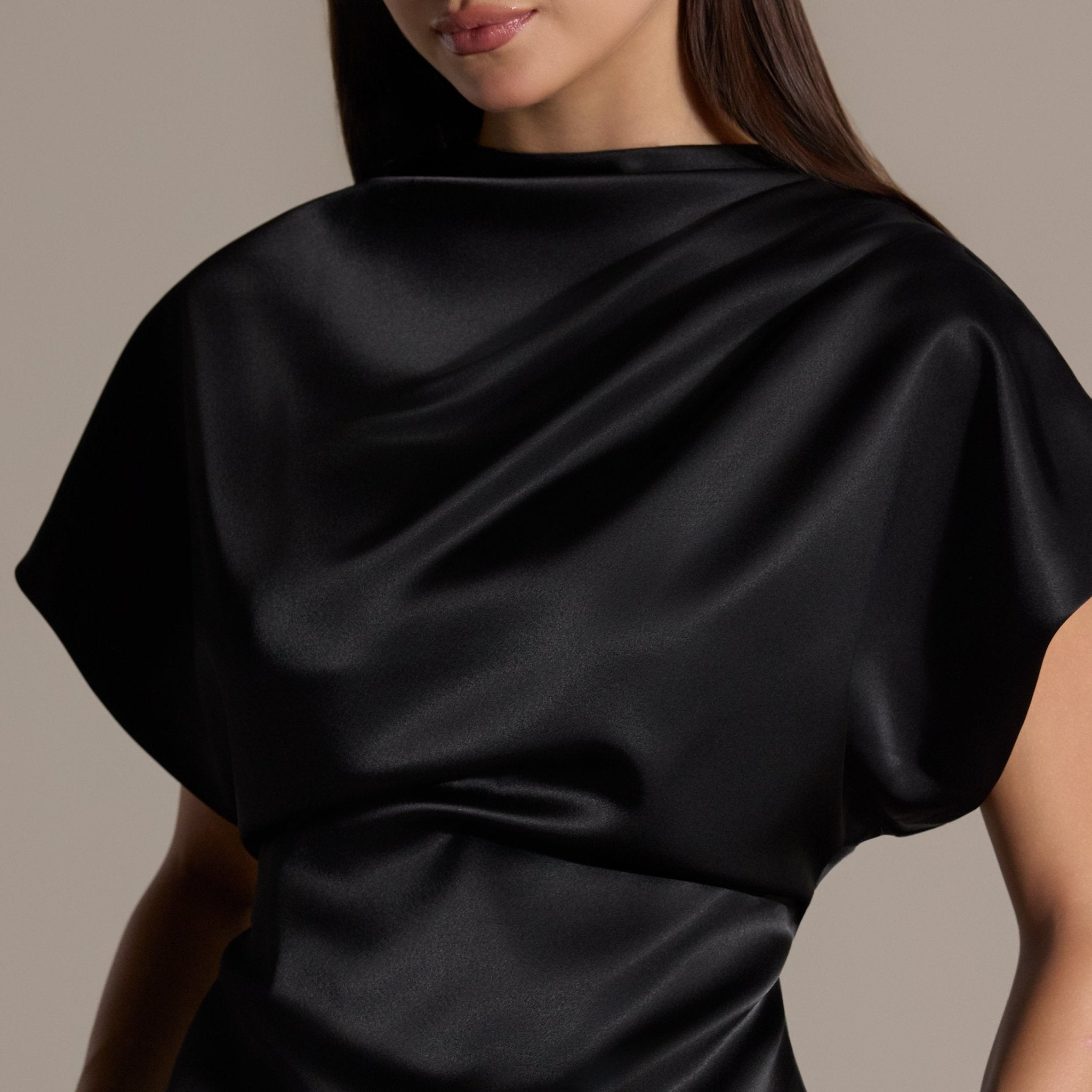 Black Draped Satin Blouse & Wide Leg Pants Set - shopaleena