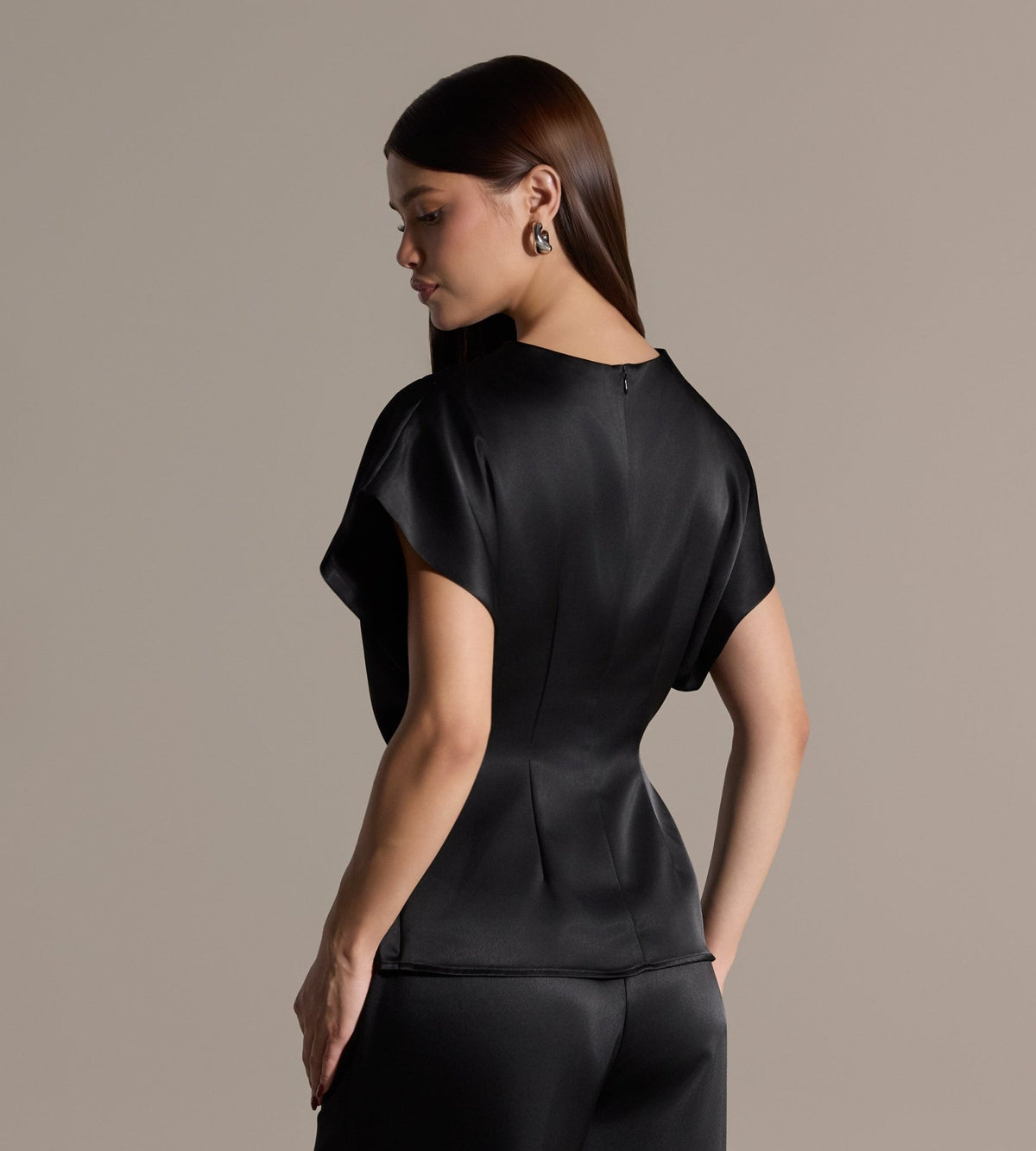 Black Draped Satin Blouse & Wide Leg Pants Set - shopaleena
