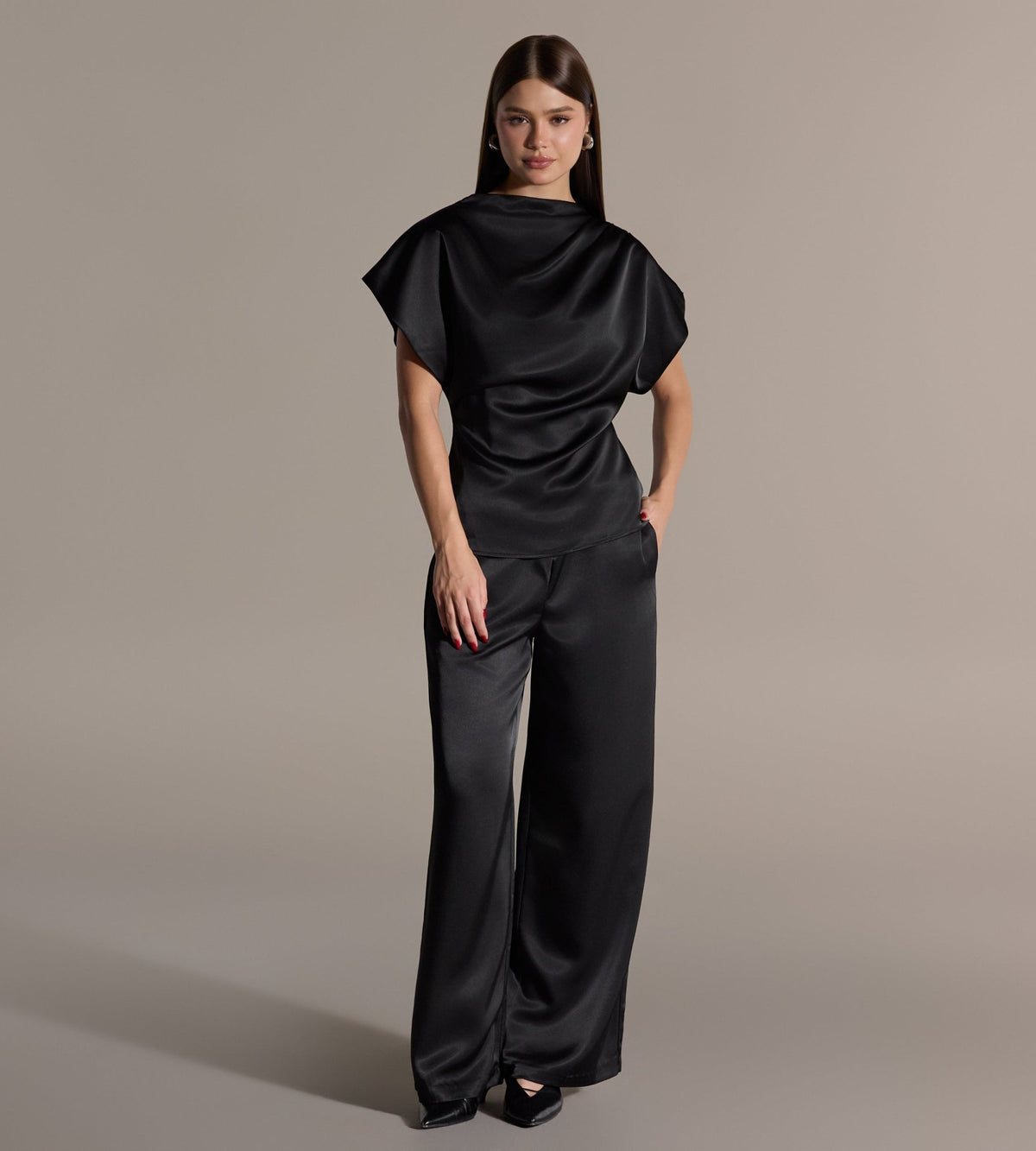 Black Draped Satin Blouse & Wide Leg Pants Set - shopaleena