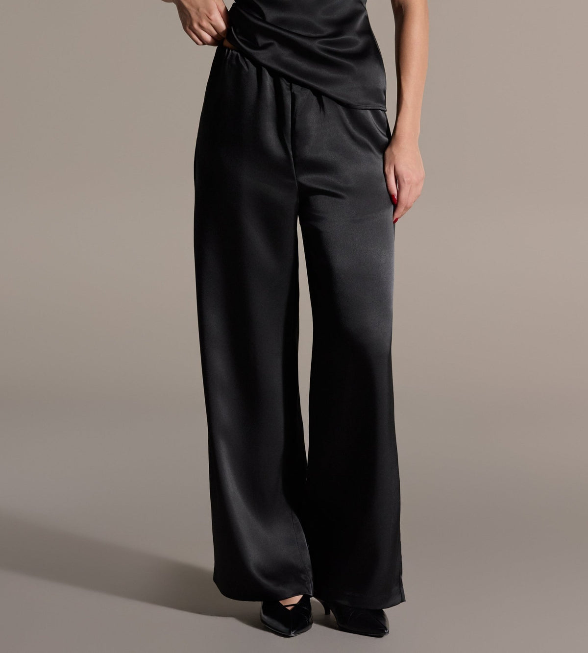 Black Draped Satin Blouse & Wide Leg Pants Set - shopaleena