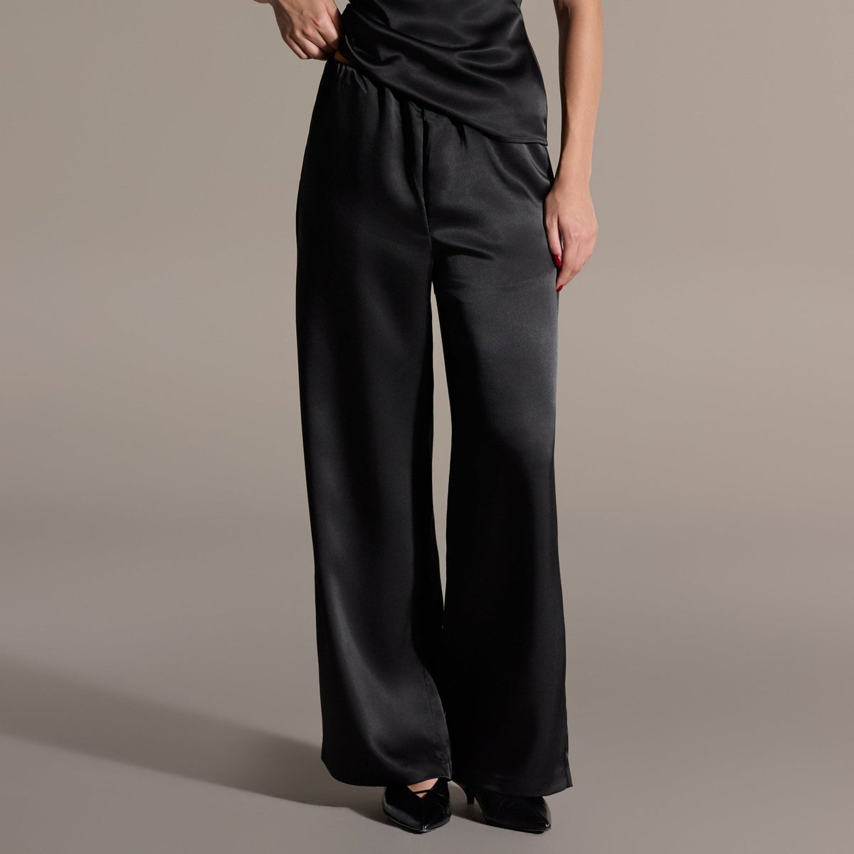 Black Draped Satin Blouse & Wide Leg Pants Set - shopaleena