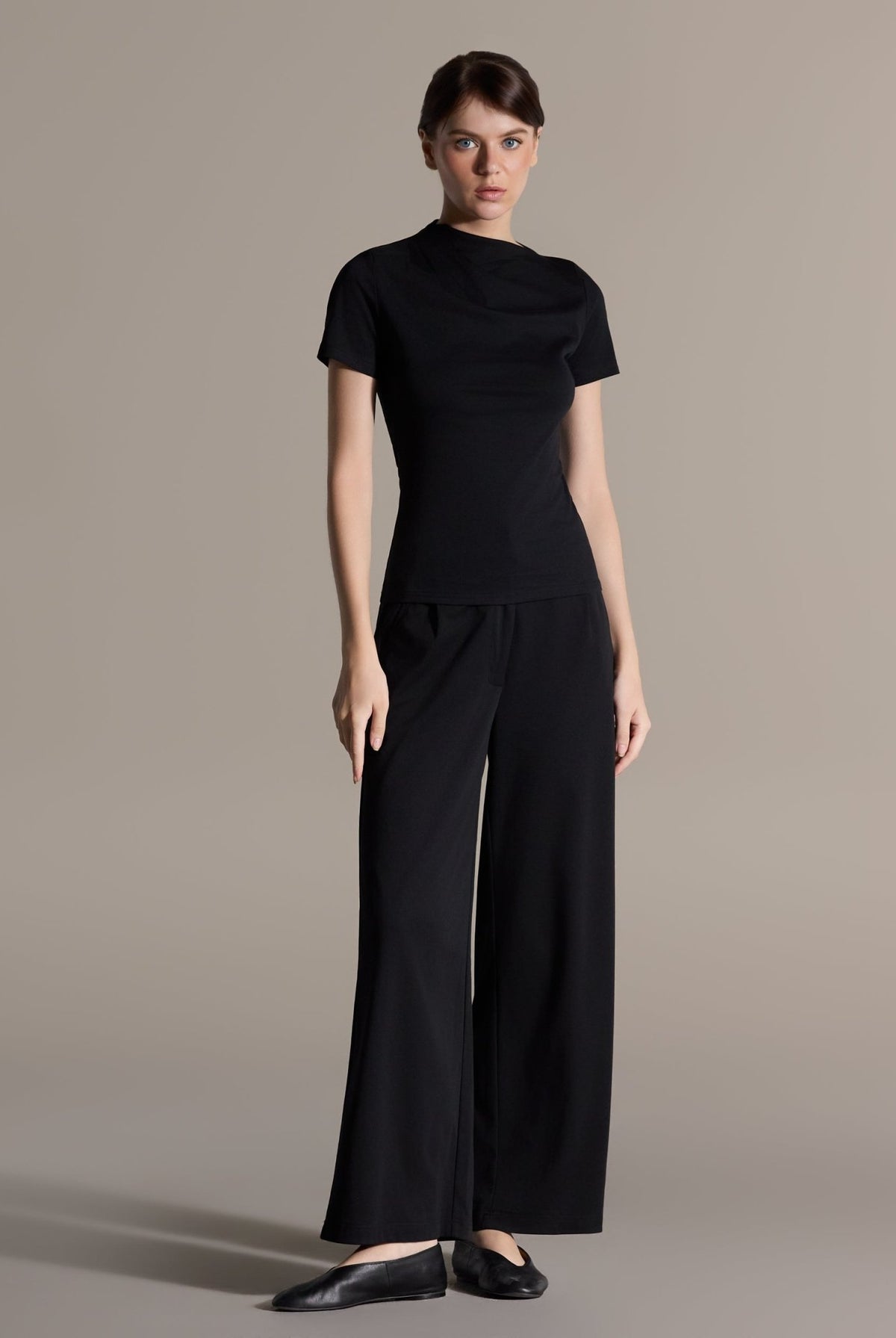 Black Draped Top & Wide Leg Pants Cotton Set - shopaleena