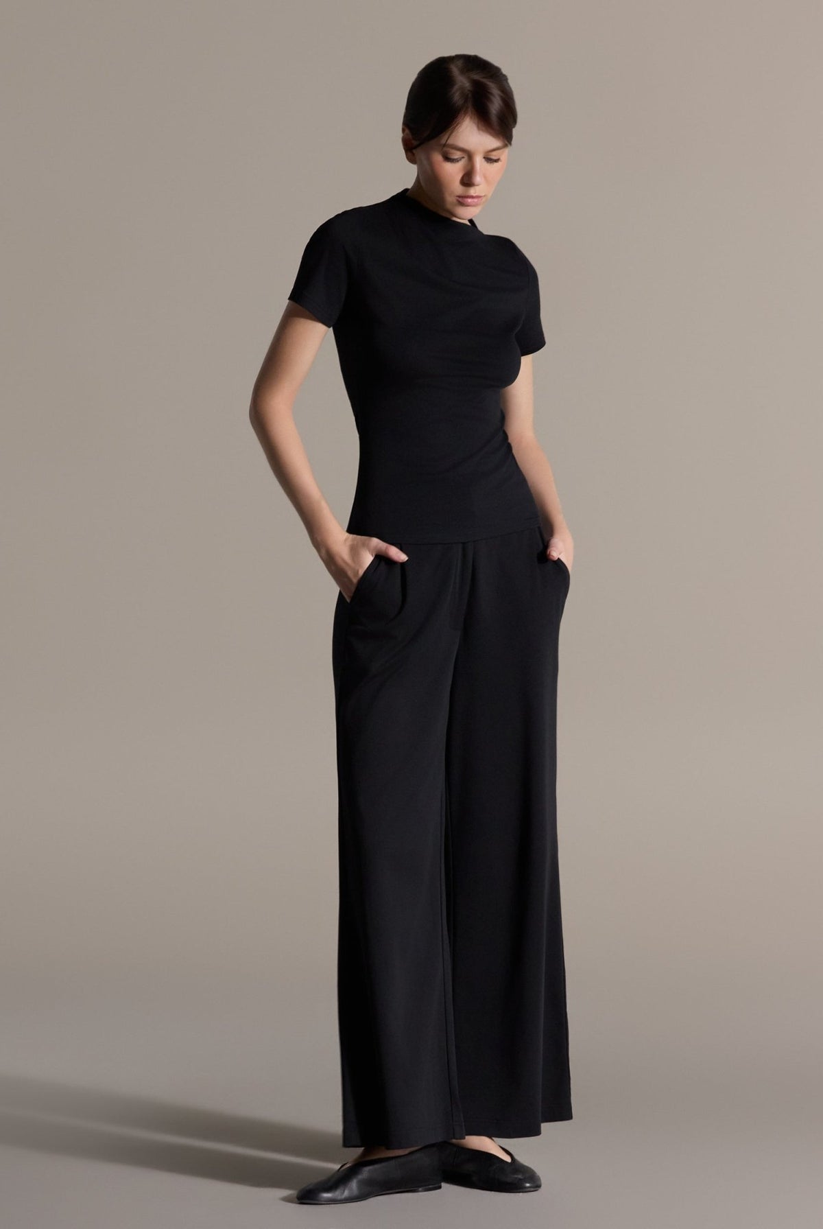 Black Draped Top & Wide Leg Pants Cotton Set - shopaleena