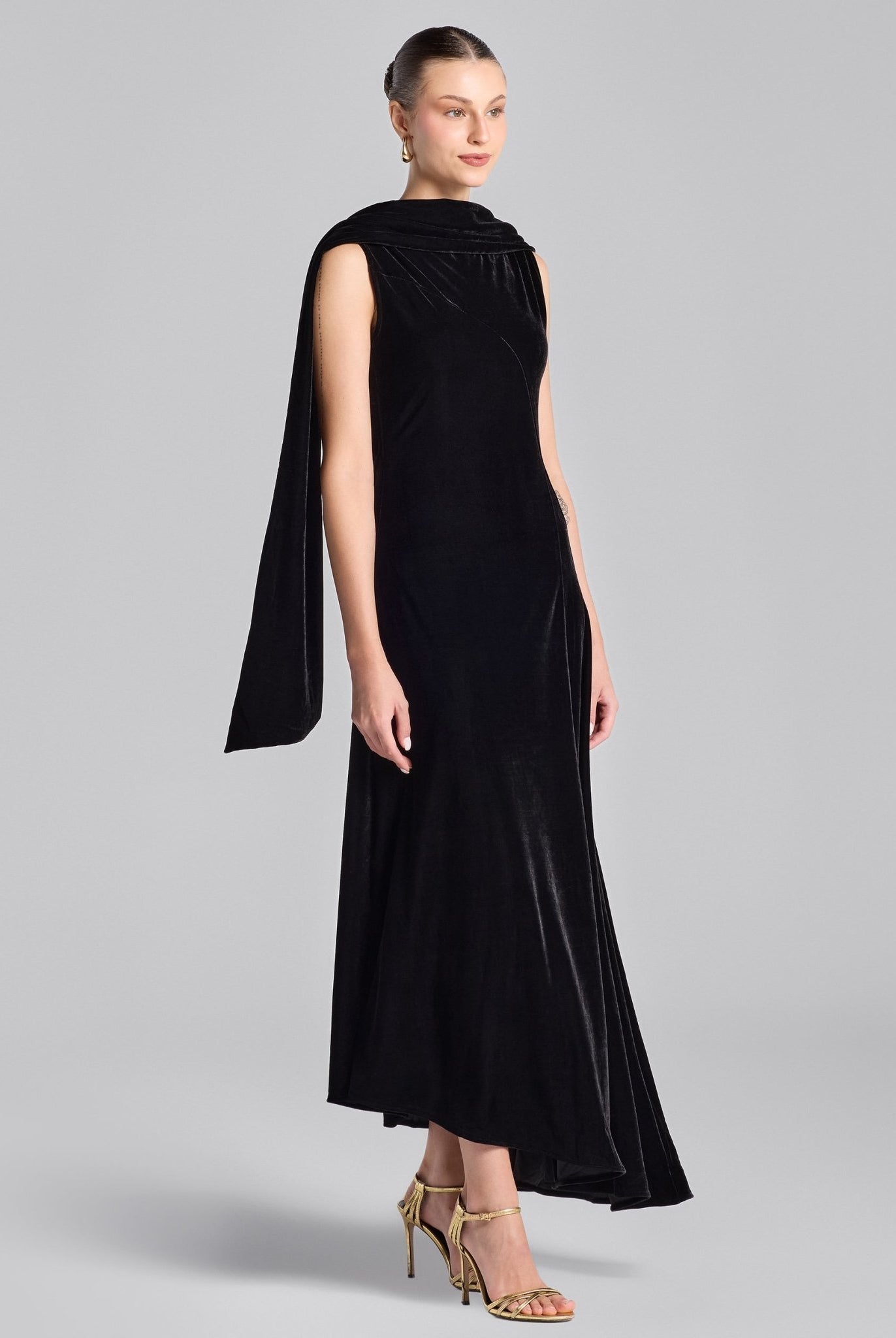 Black Draped Velvet Midi Dress with Back Scarf - shopaleena