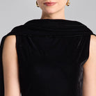 Black Draped Velvet Midi Dress with Back Scarf - shopaleena
