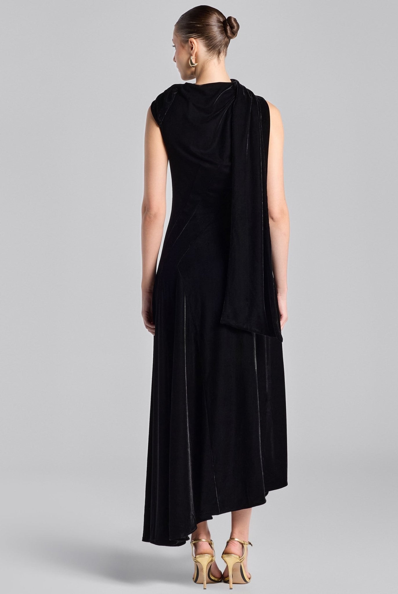 Black Draped Velvet Midi Dress with Back Scarf - shopaleena