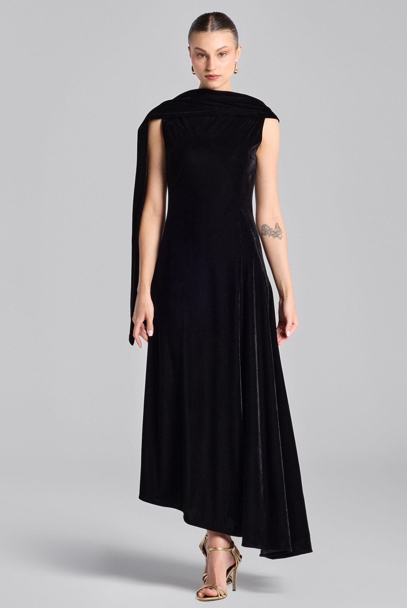 Black Draped Velvet Midi Dress with Back Scarf - shopaleena