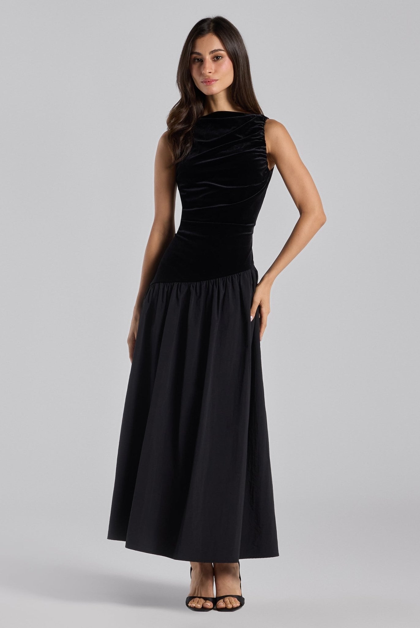 Black Draped Velvet Midi Dress - shopaleena