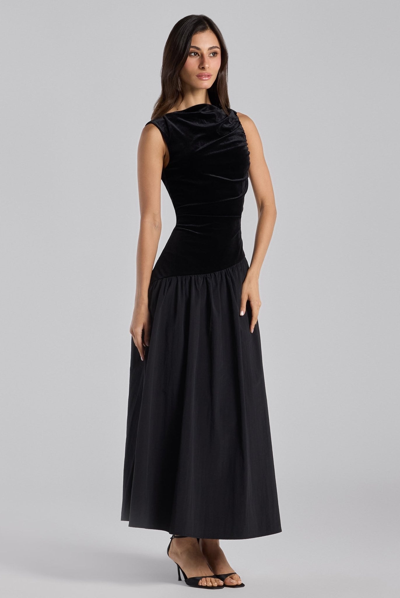 Black Draped Velvet Midi Dress - shopaleena