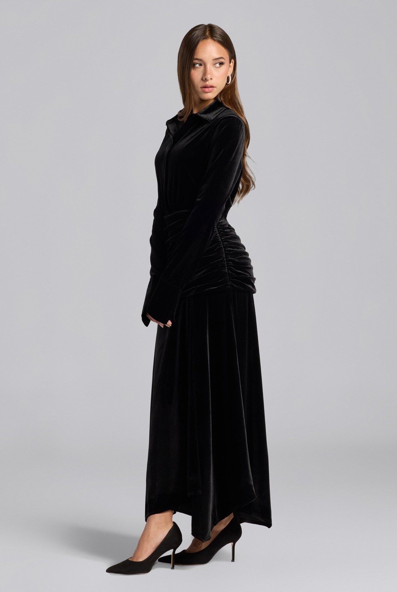 Black Draped Waist Maxi Velvet Dress - shopaleena