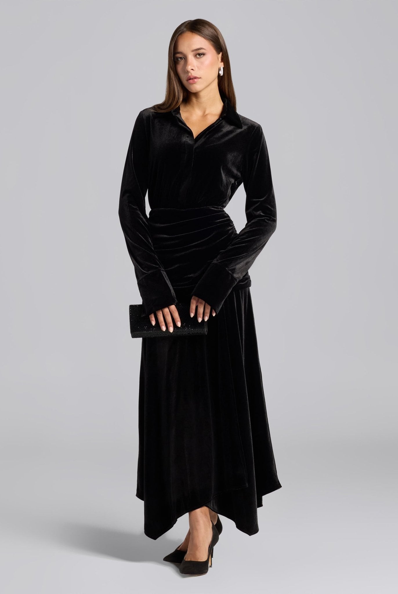 Black Draped Waist Maxi Velvet Dress - shopaleena