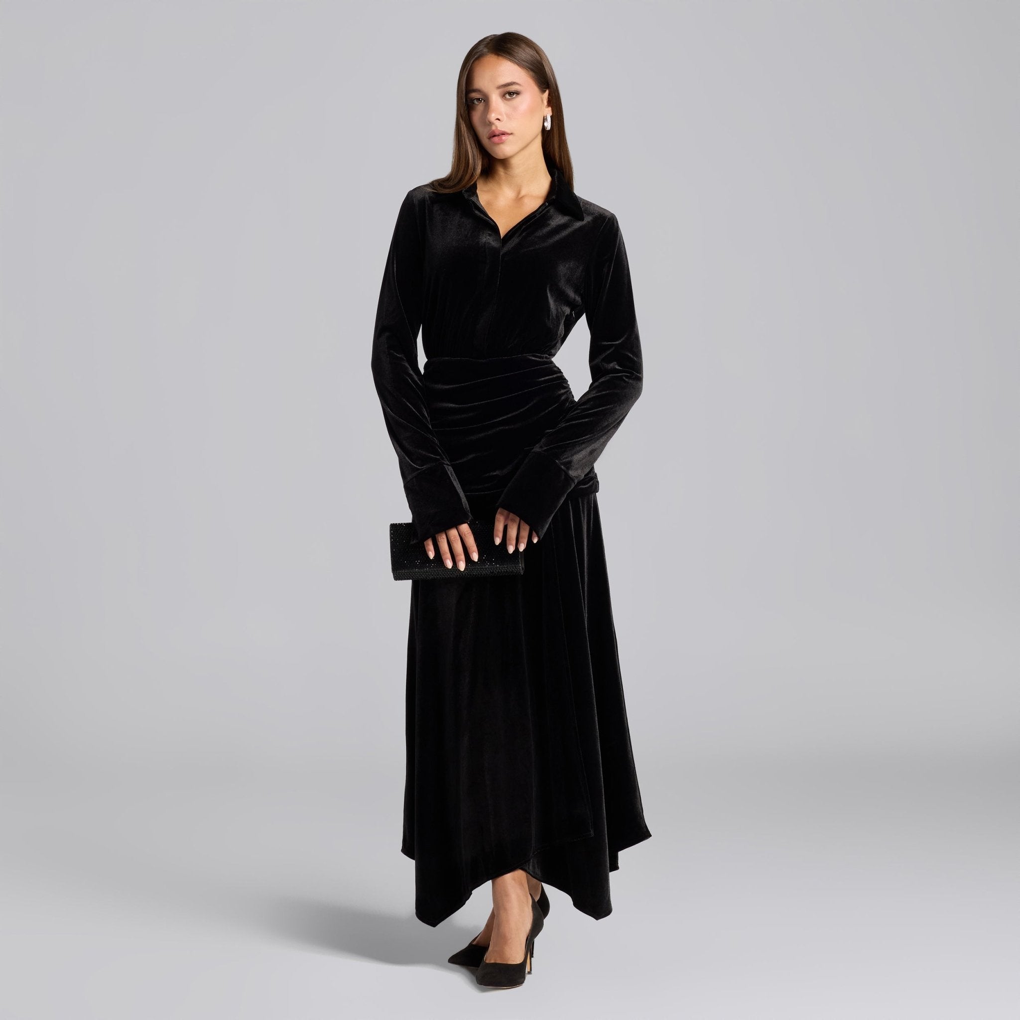 Black Draped Waist Maxi Velvet Dress - shopaleena