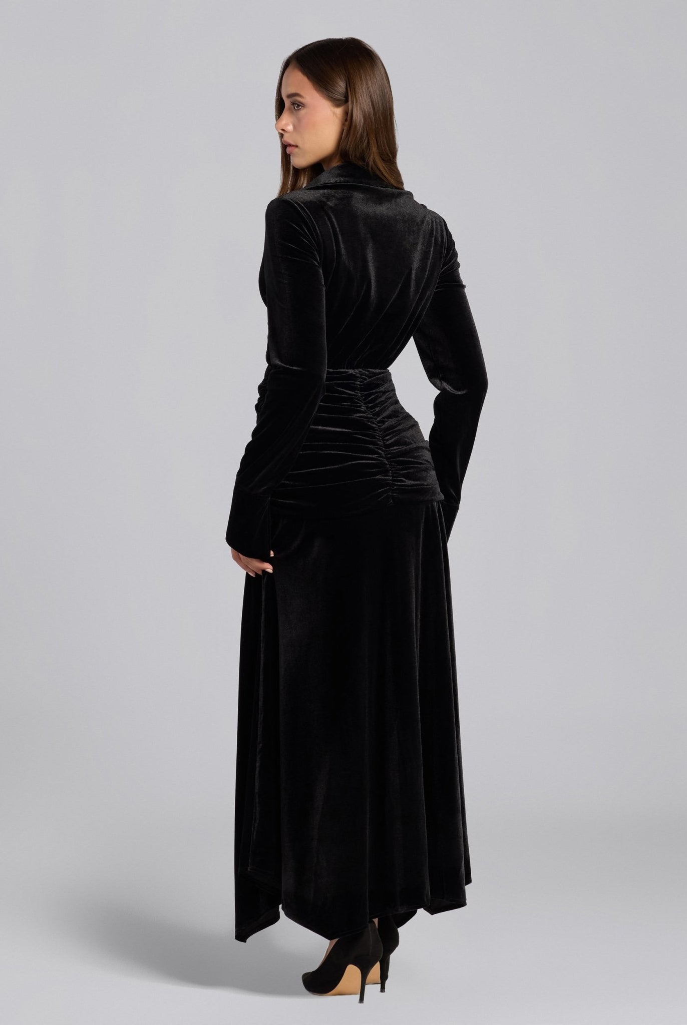 Black Draped Waist Maxi Velvet Dress - shopaleena