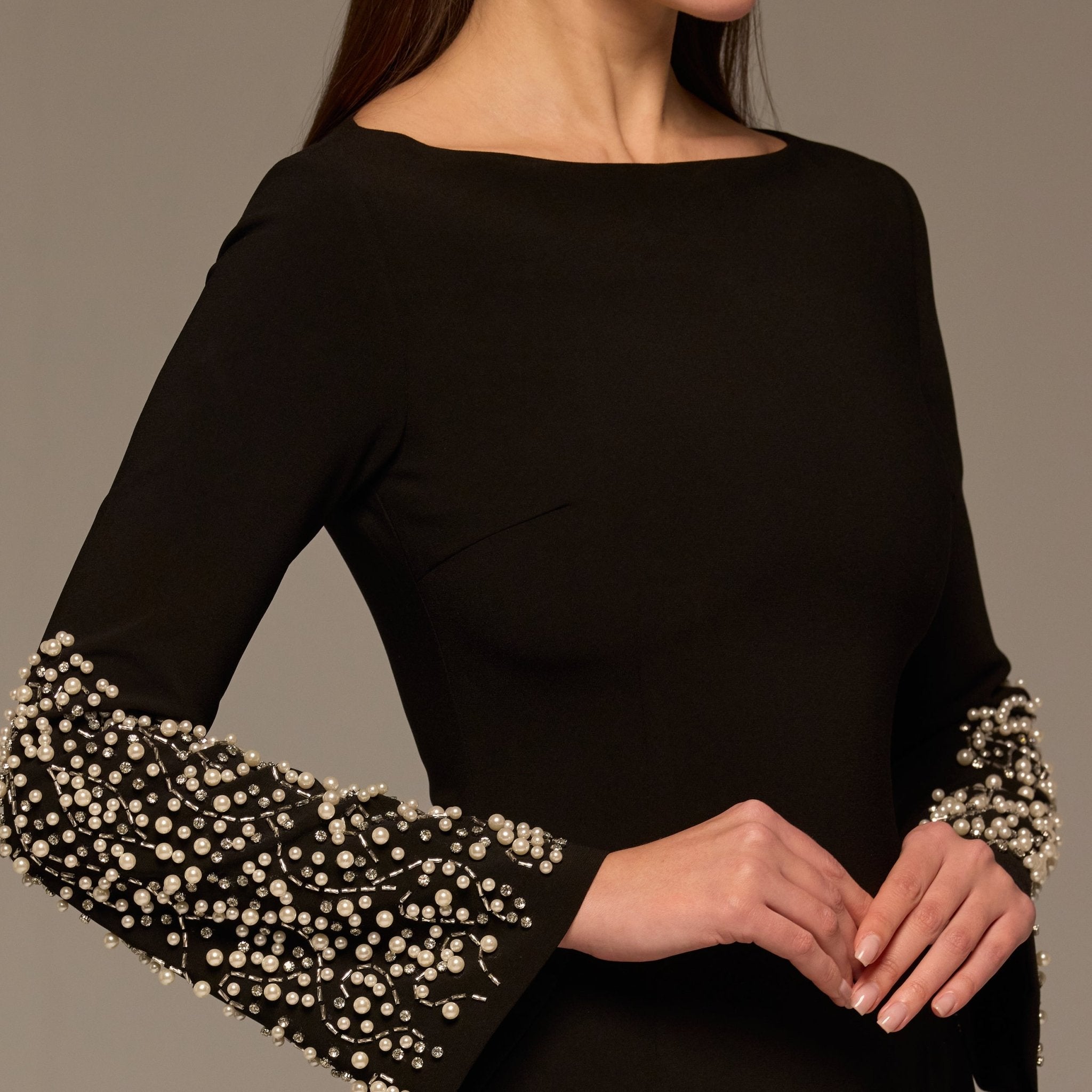 Black Embellished Boat - Neck Crepe Dress - shopaleena