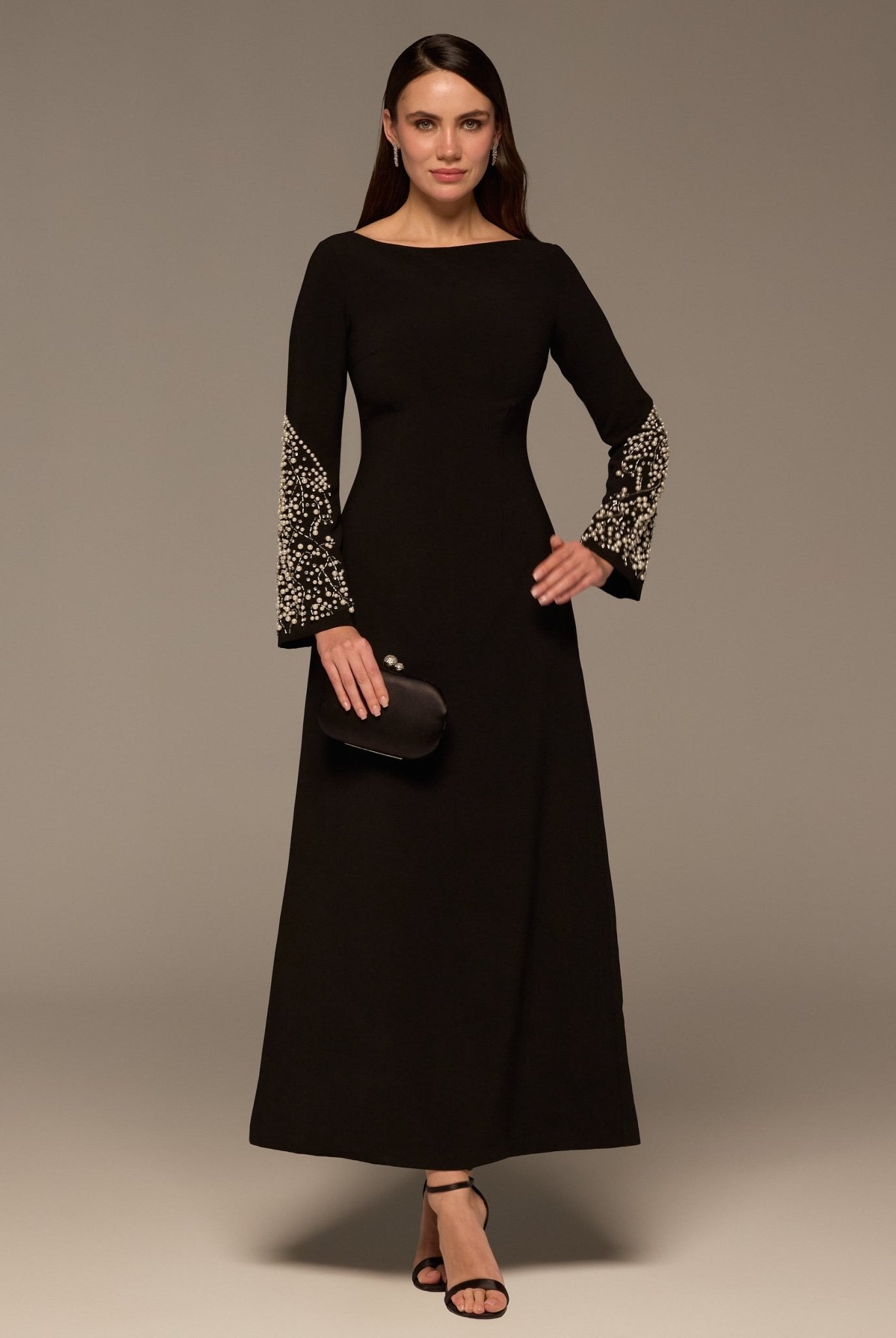 Black Embellished Boat - Neck Crepe Dress - shopaleena