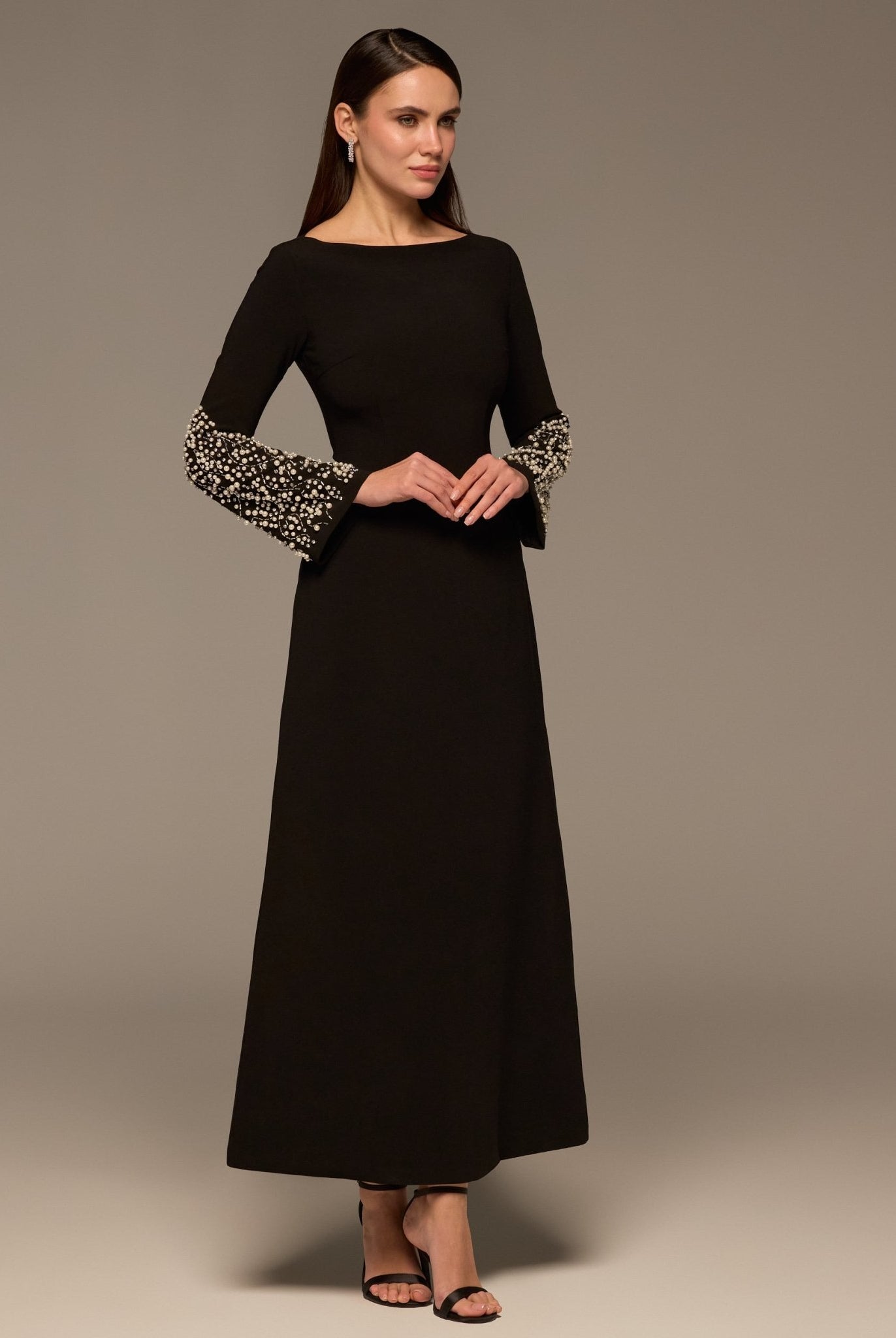 Black Embellished Boat - Neck Crepe Dress - shopaleena