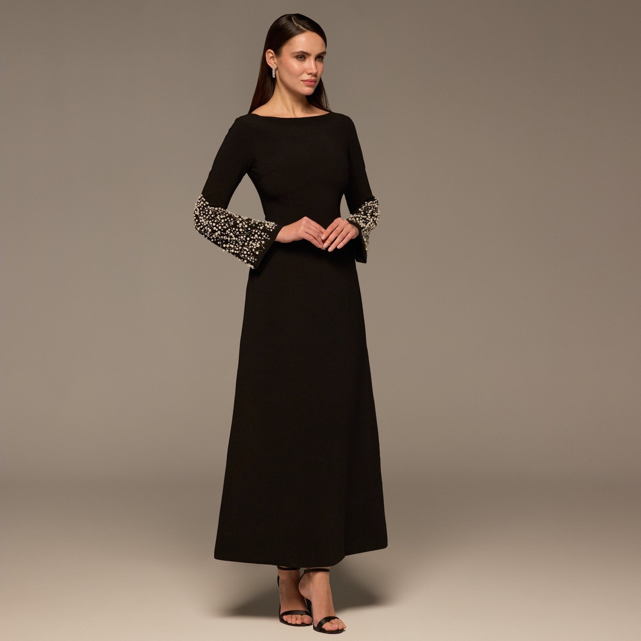 Black Embellished Boat - Neck Crepe Dress - shopaleena