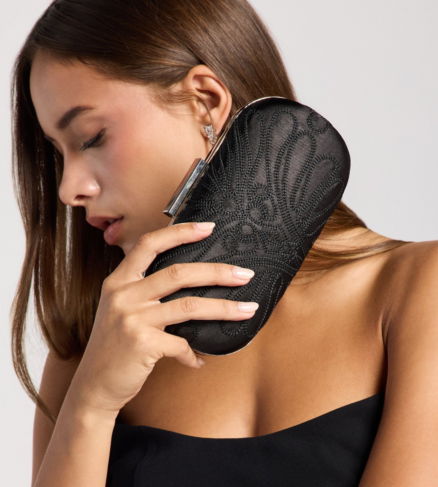 Black Embroidered Satin Clutch - shopaleena