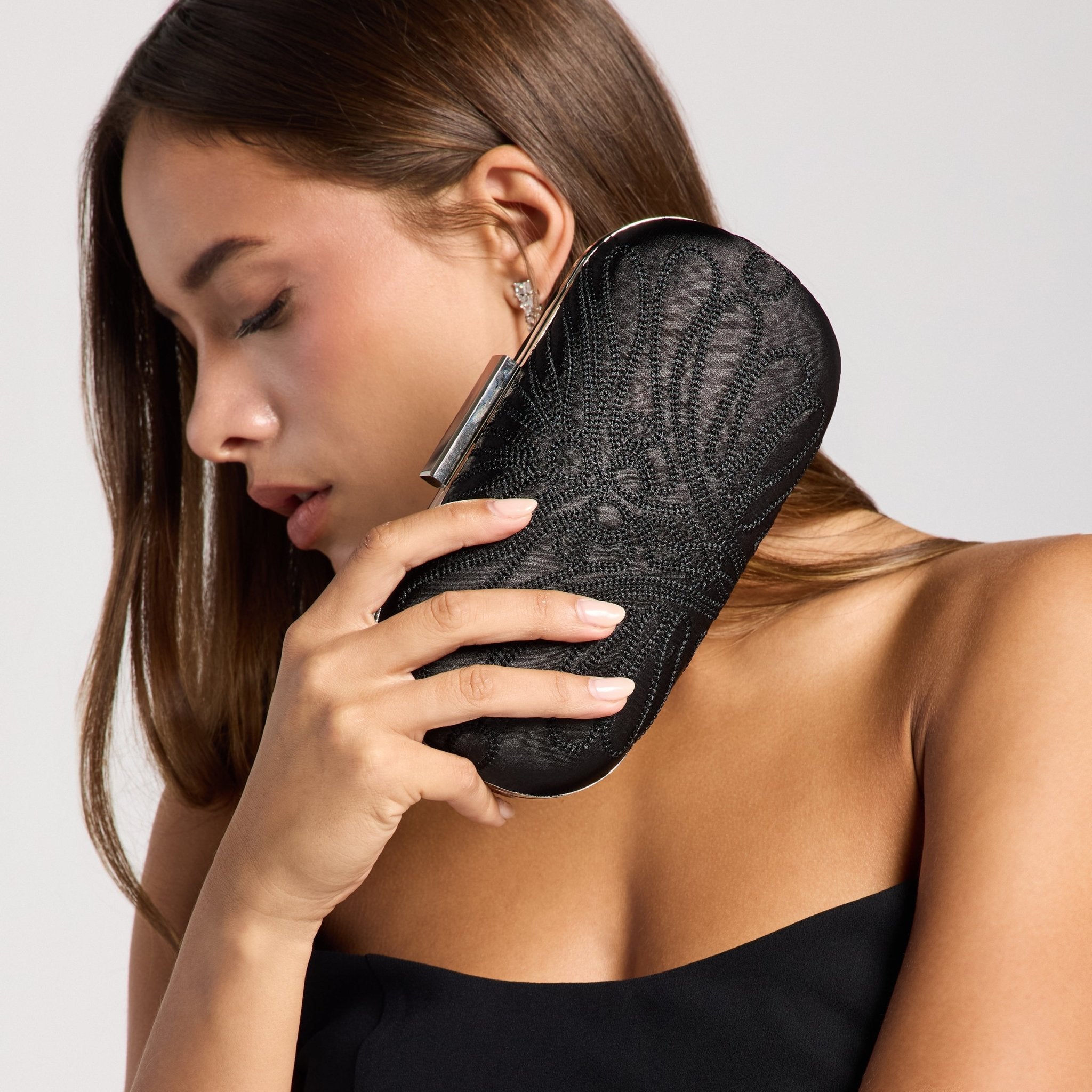 Black Embroidered Satin Clutch - shopaleena