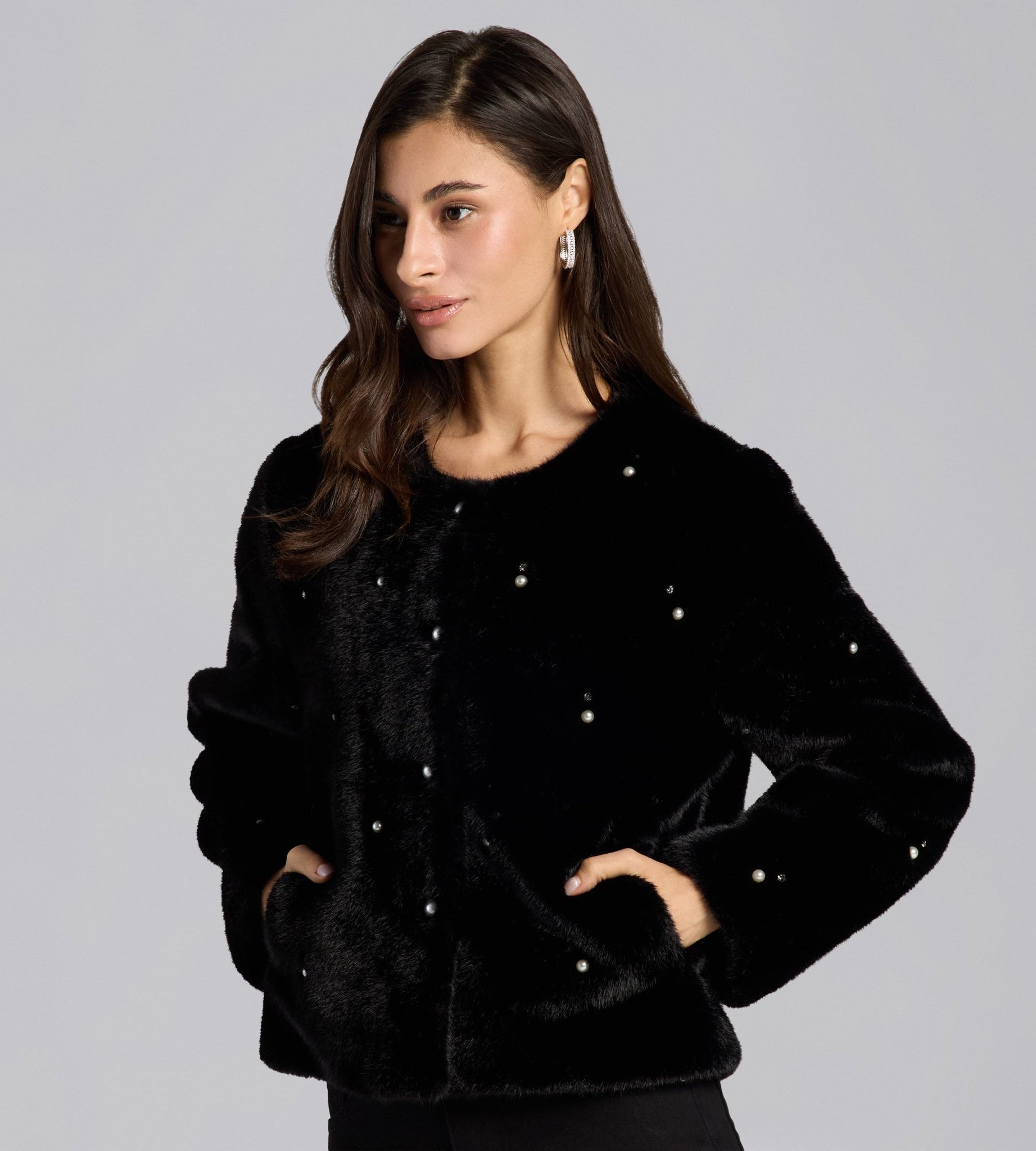 Black Faux Mink Fur Pearl - Embellished Jacket - shopaleena