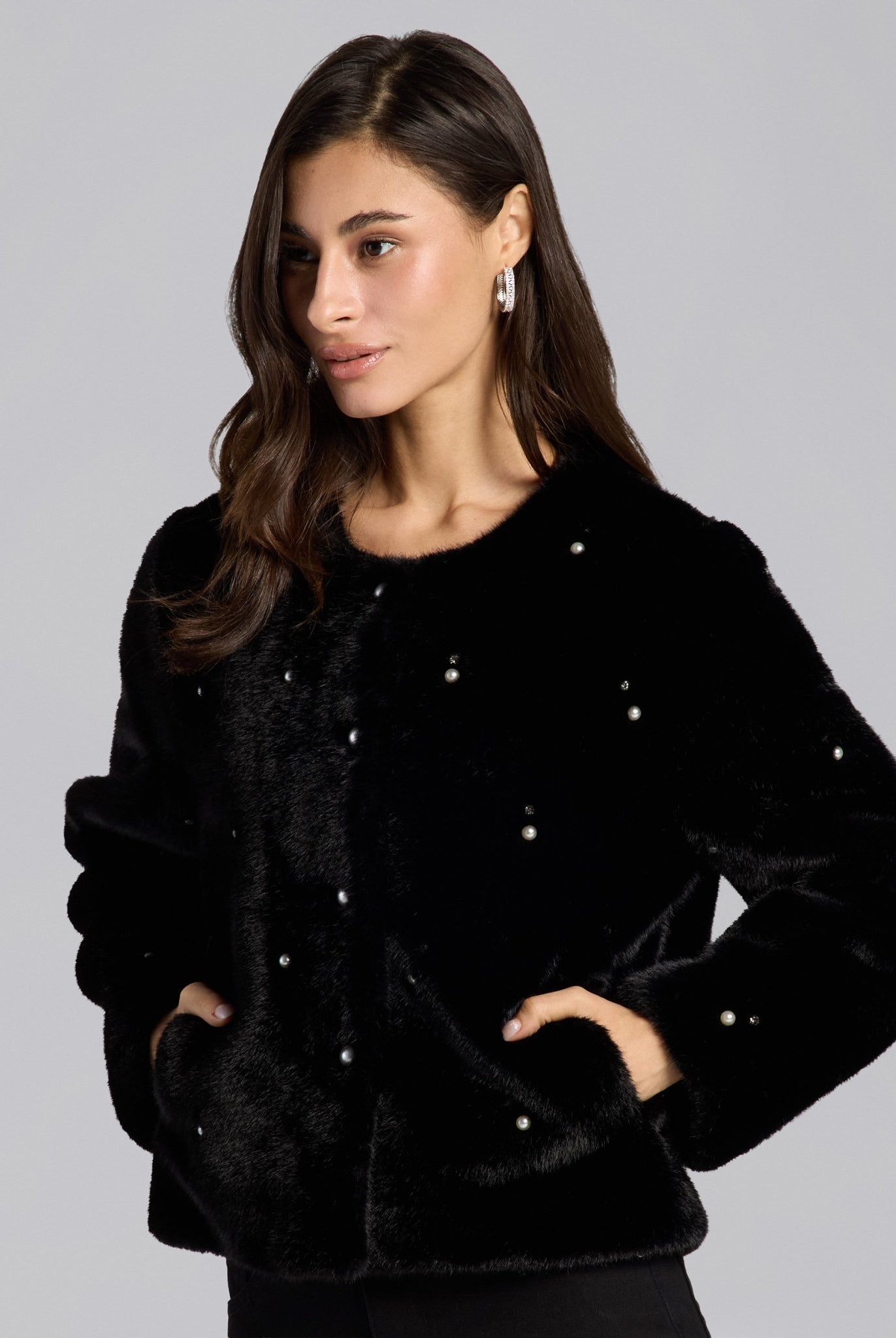 Black Faux Mink Fur Pearl - Embellished Jacket - shopaleena