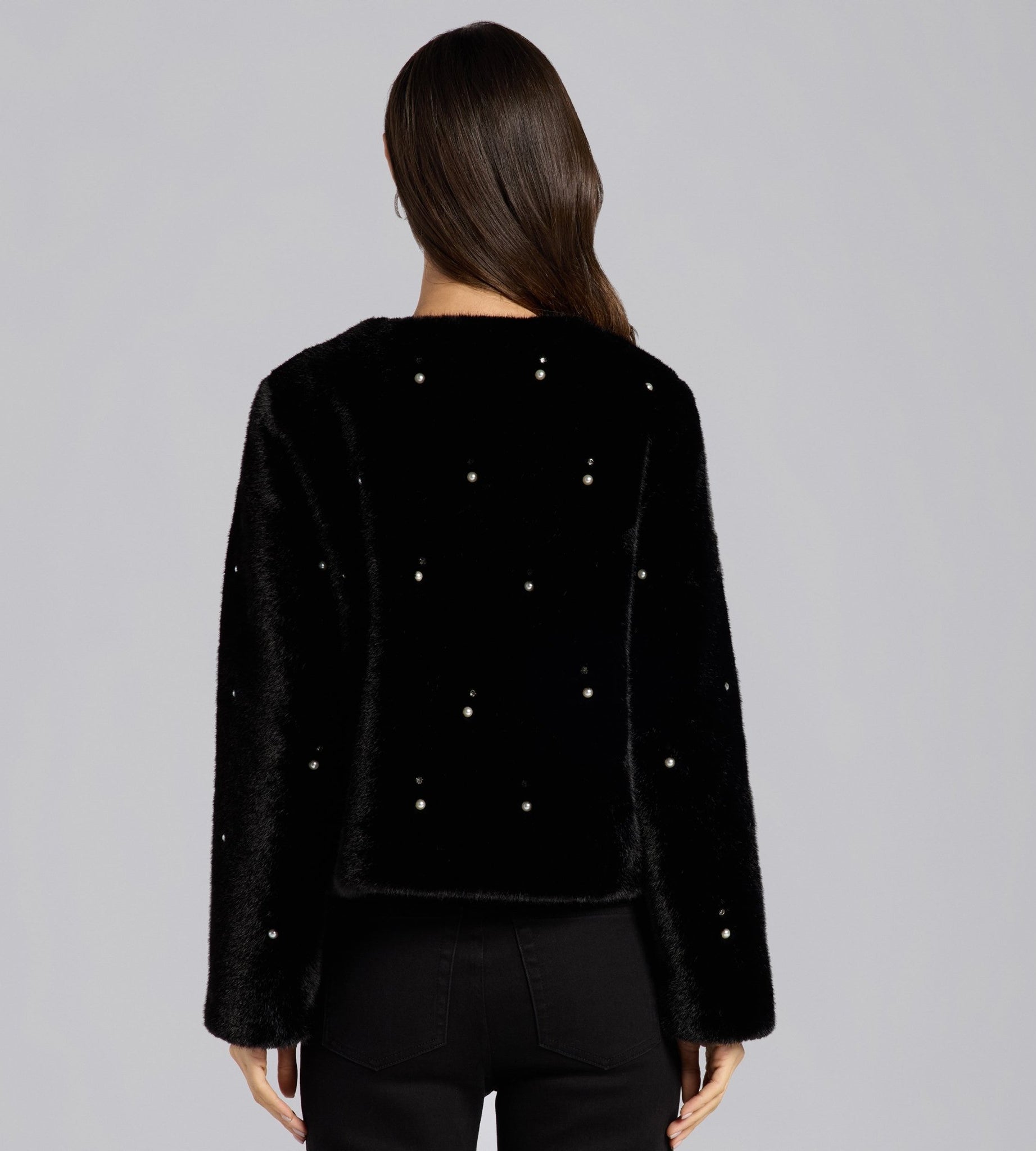 Black Faux Mink Fur Pearl - Embellished Jacket - shopaleena