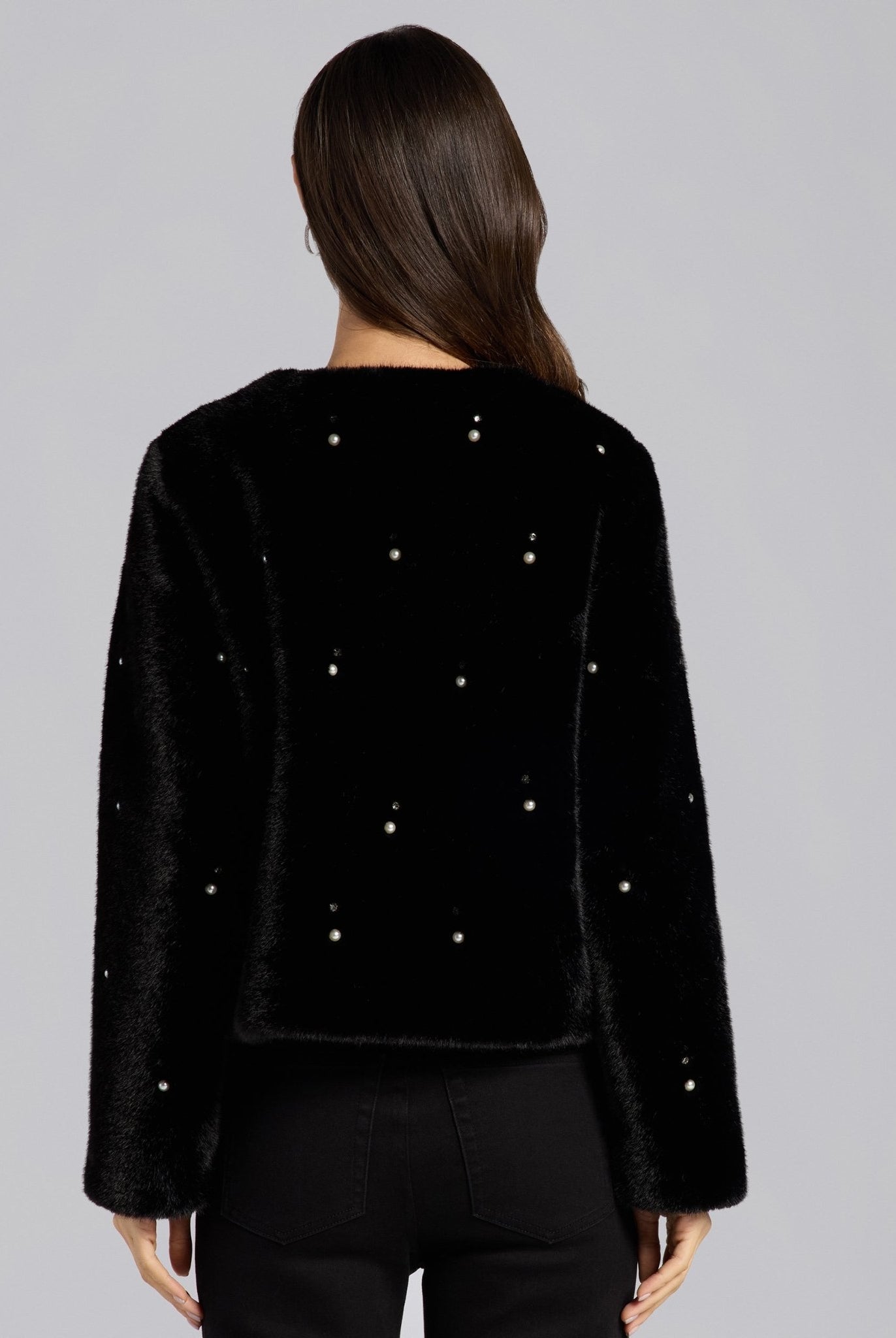Black Faux Mink Fur Pearl - Embellished Jacket - shopaleena